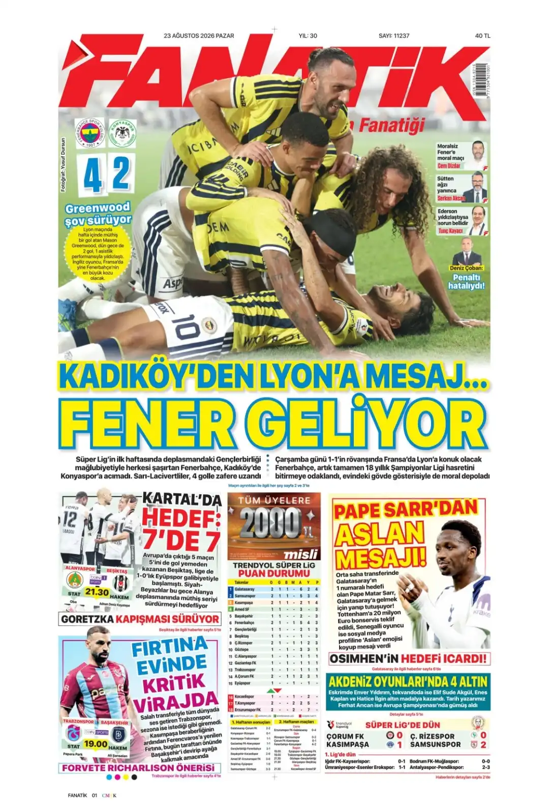 Fanatik Gazetesi gazetesi 23 Ağustos 2026 manşeti