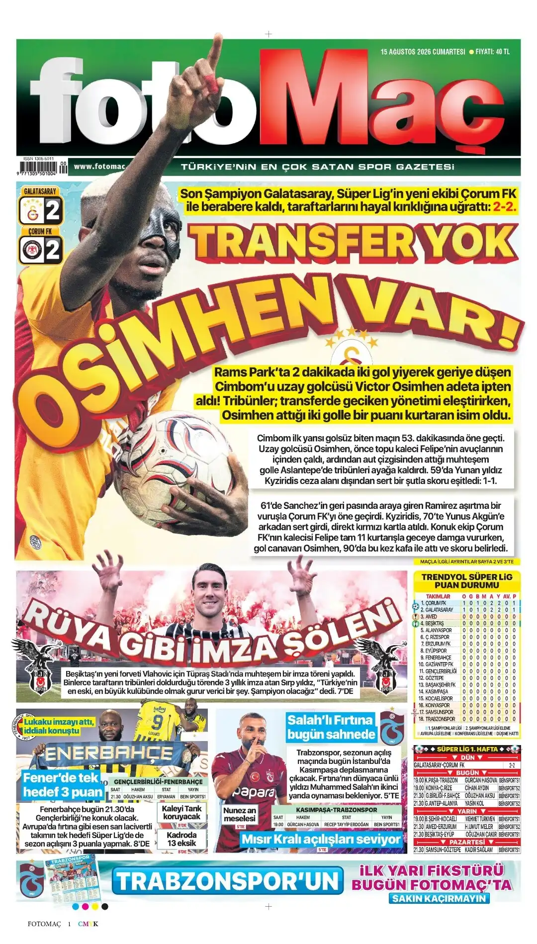 Fotomaç Gazetesi gazetesi 15 Ağustos 2026 manşeti
