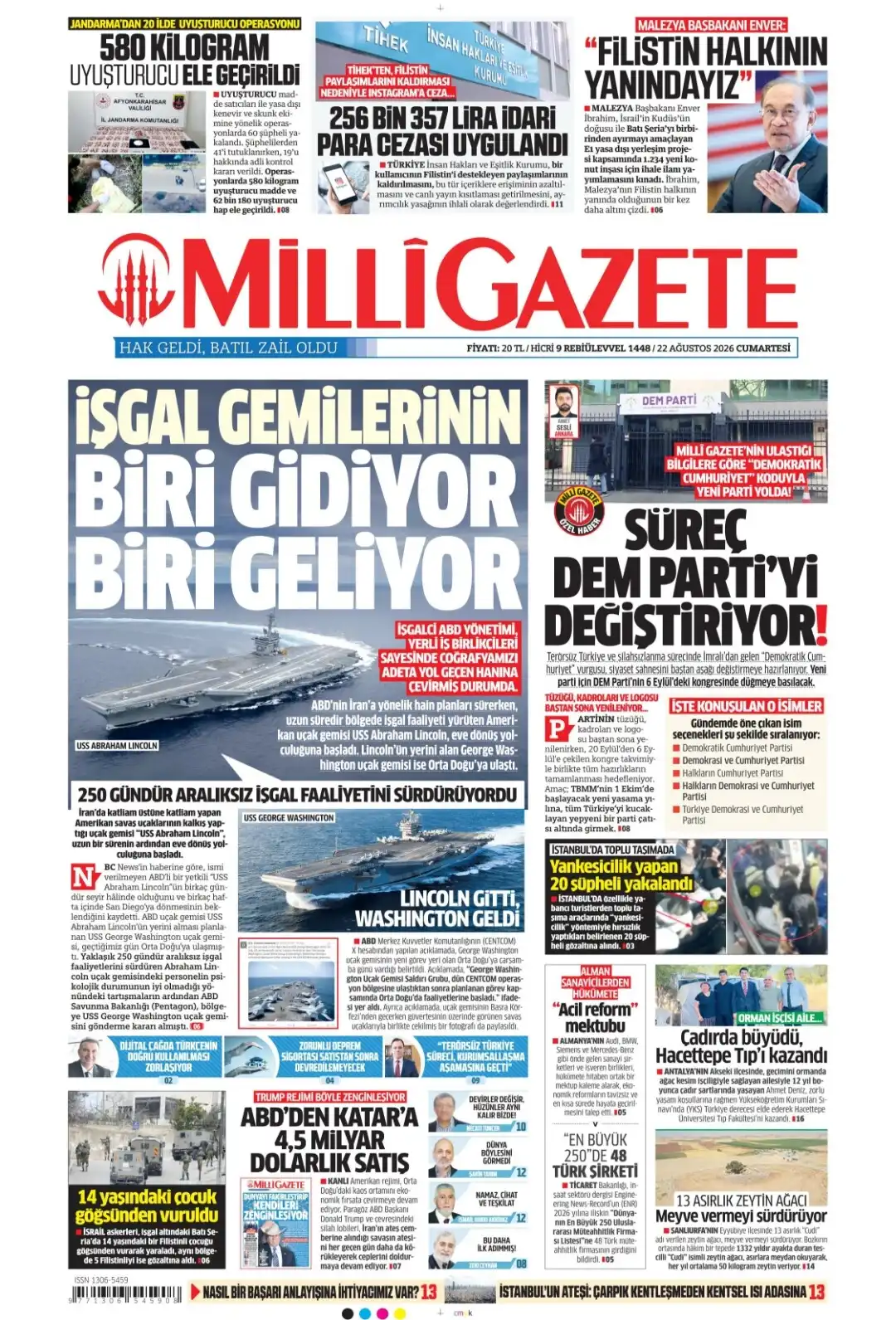 Milli Gazete gazetesi 22 Ağustos 2026 manşeti