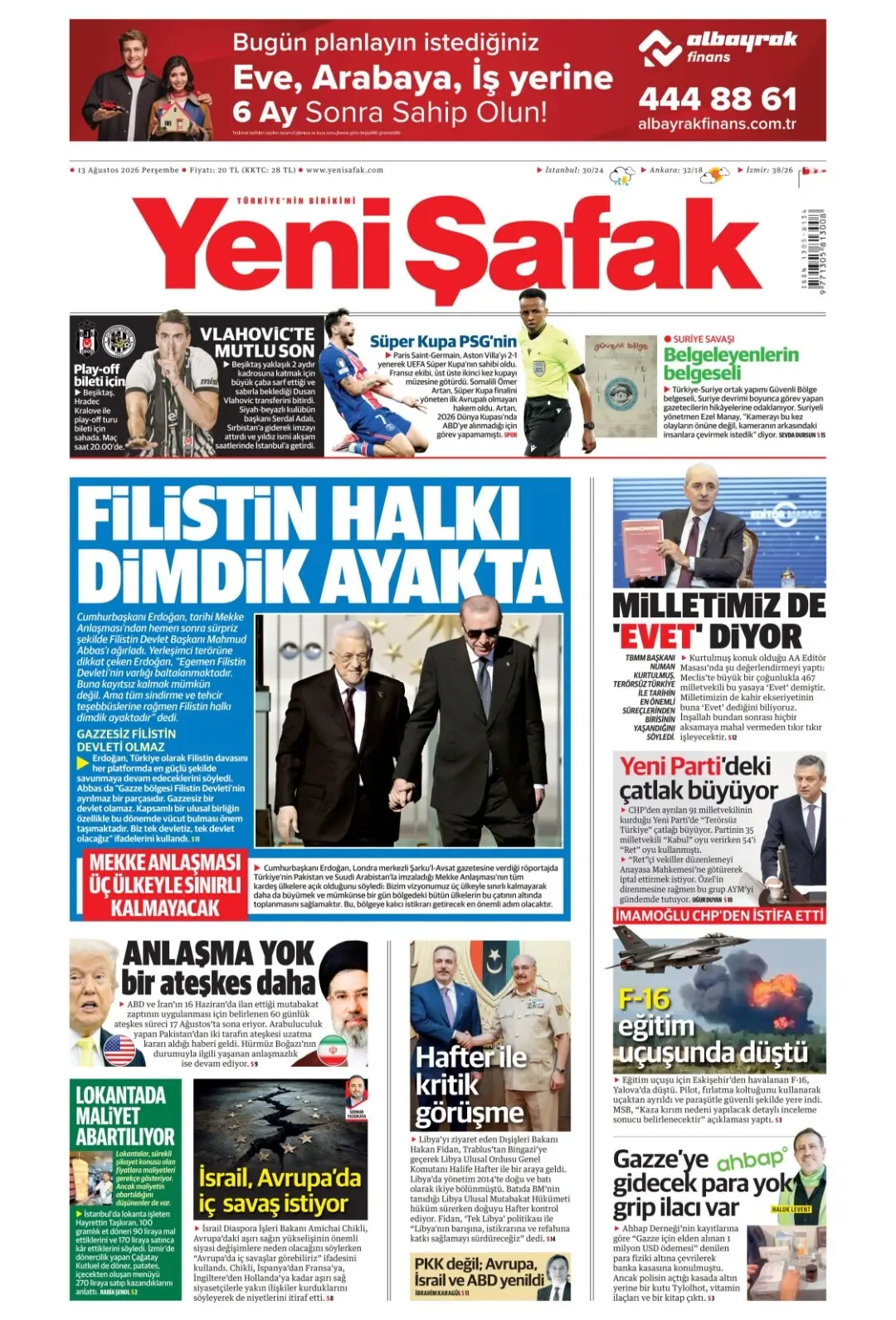 Yeni Şafak Gazetesi gazetesi 13 Ağustos 2026 manşeti