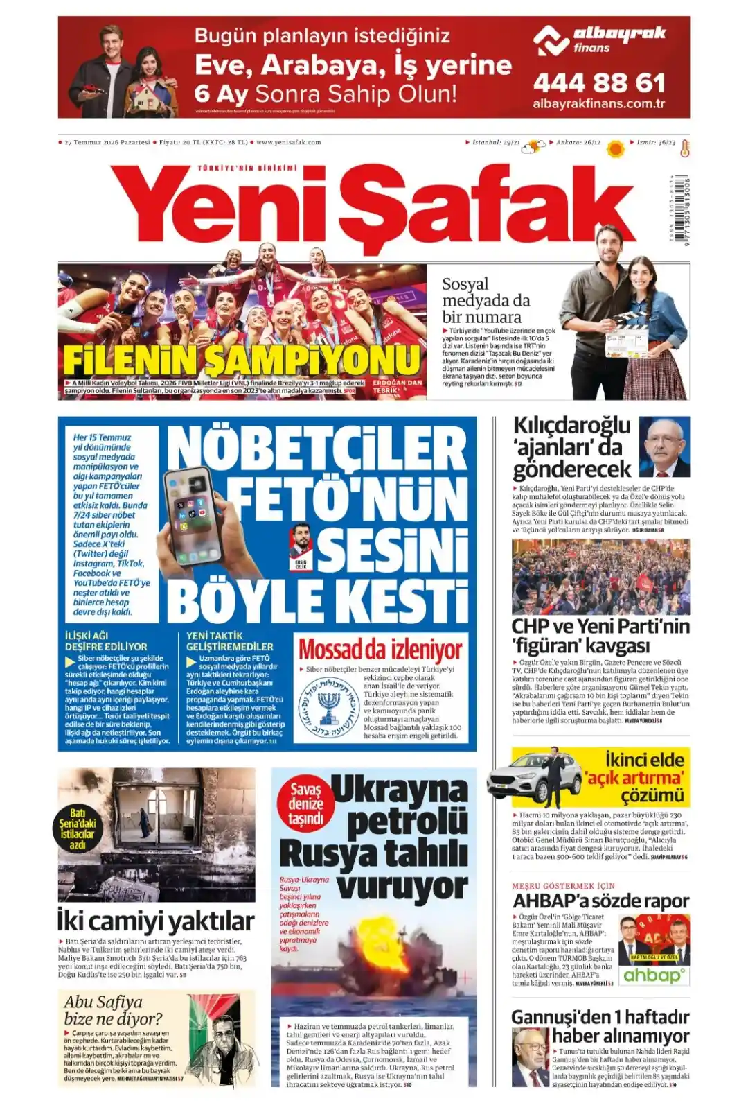 Yeni Şafak Gazetesi gazetesi 27 Temmuz 2026 manşeti