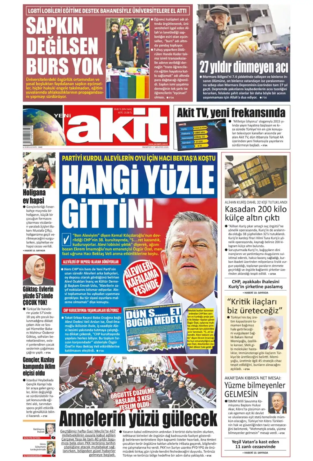 Yeni Akit Gazetesi gazetesi 17 Ağustos 2026 manşeti