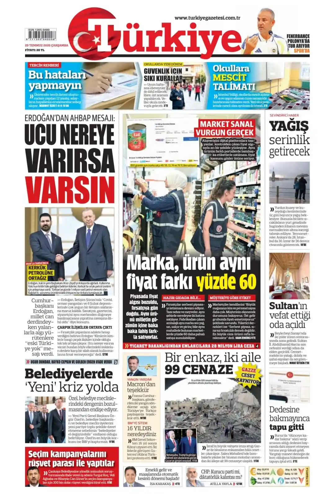 Türkiye Gazetesi gazetesi 29 Temmuz 2026 manşeti