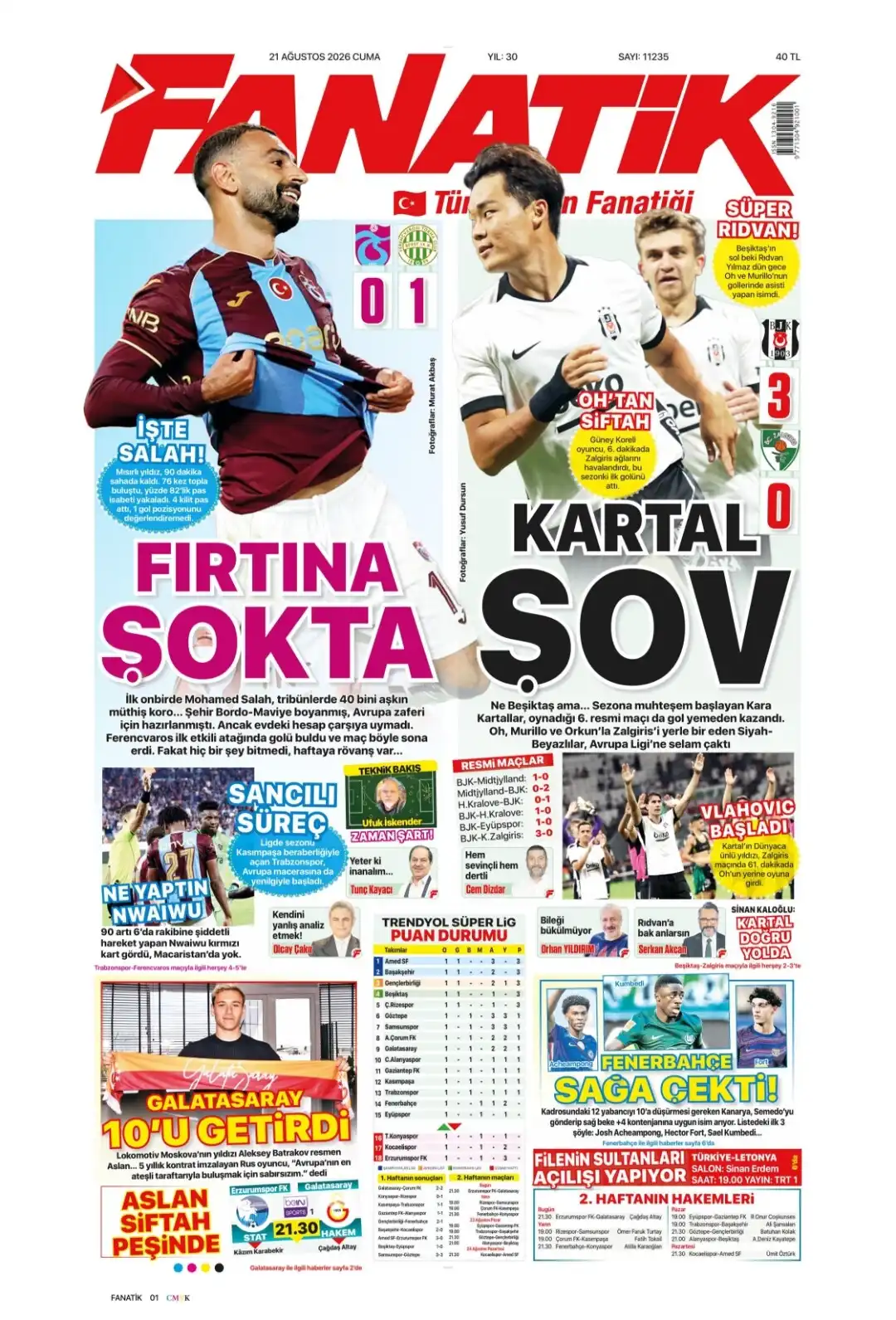 Fanatik Gazetesi gazetesi 21 Ağustos 2026 manşeti