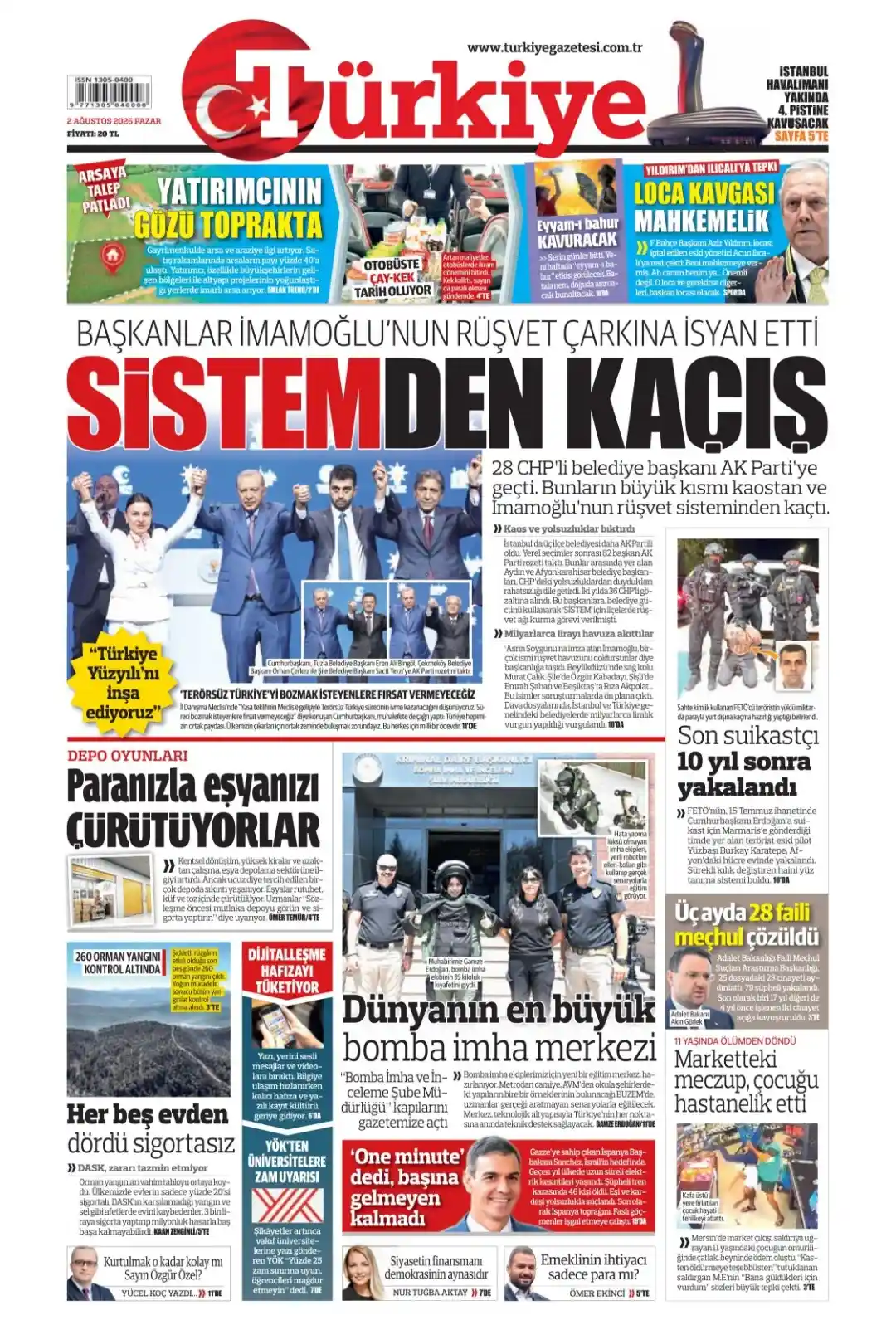 Türkiye Gazetesi gazetesi 02 Ağustos 2026 manşeti