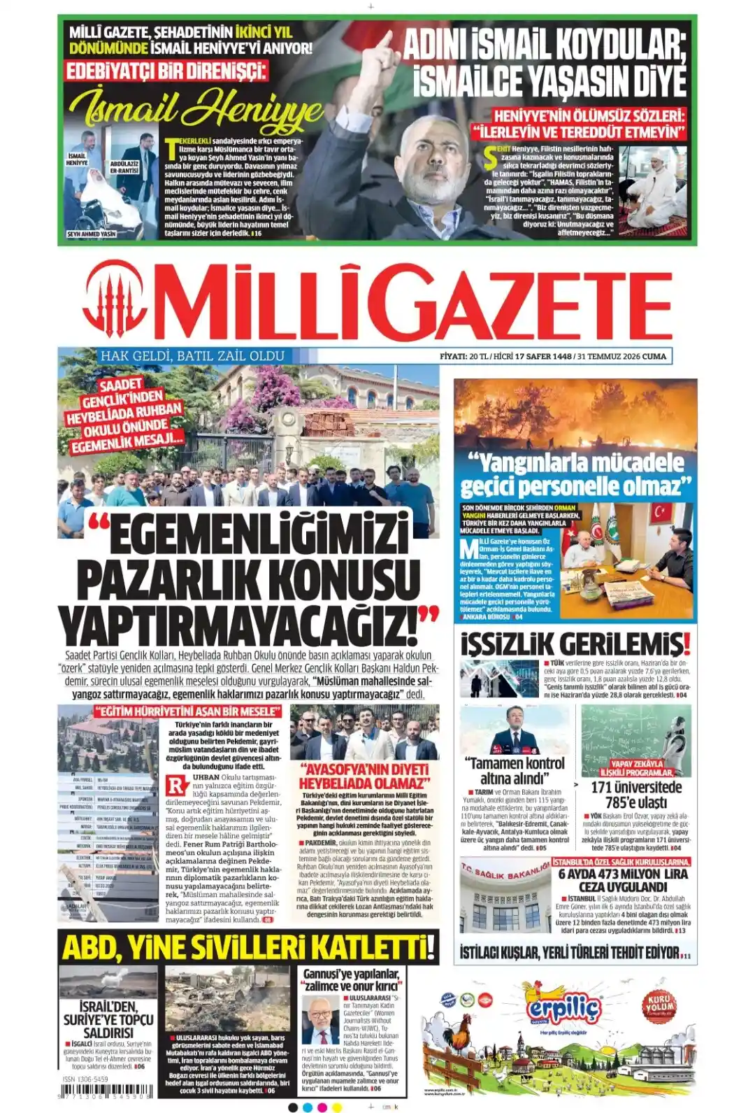 Milli Gazete gazetesi 31 Temmuz 2026 manşeti