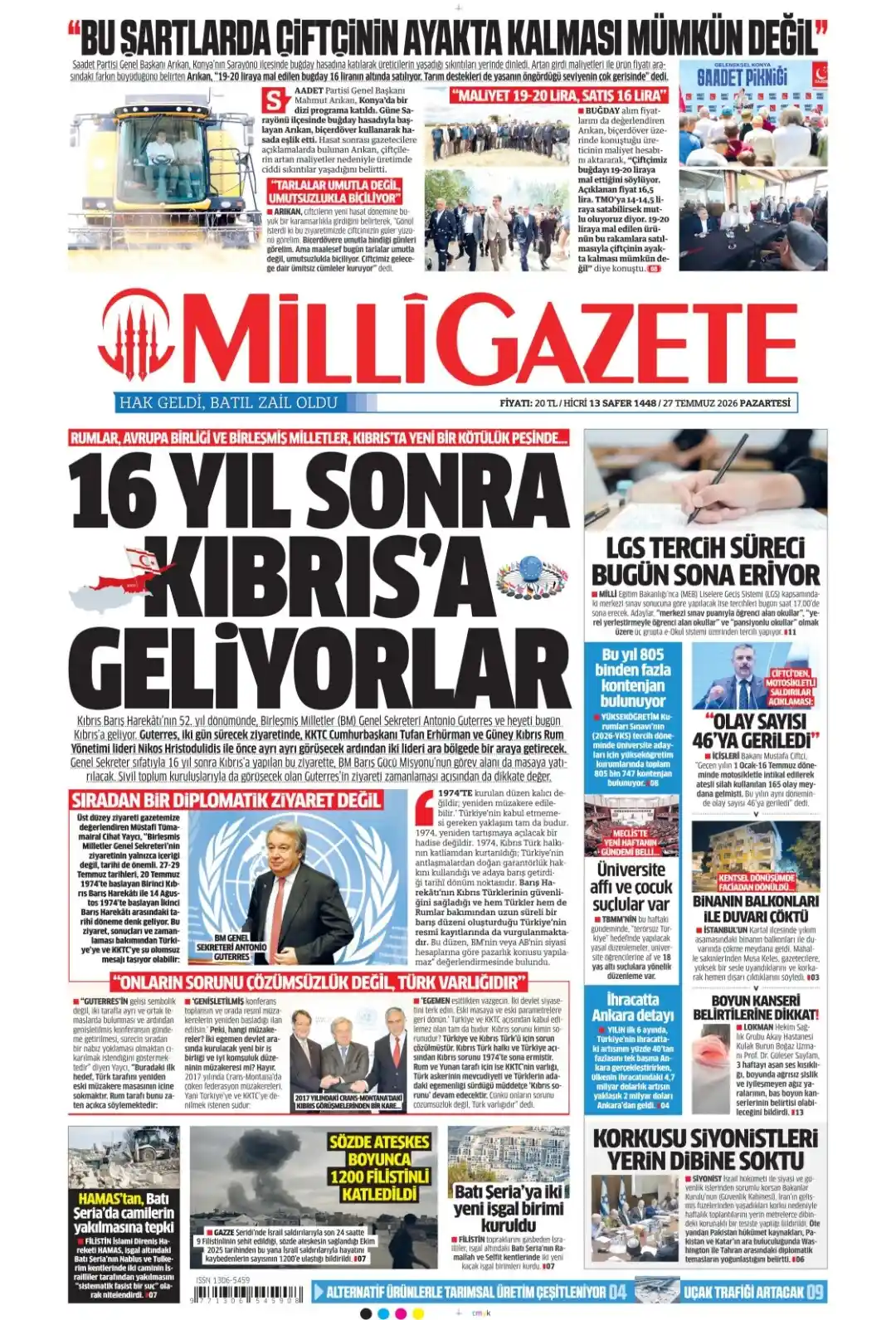 Milli Gazete gazetesi 27 Temmuz 2026 manşeti