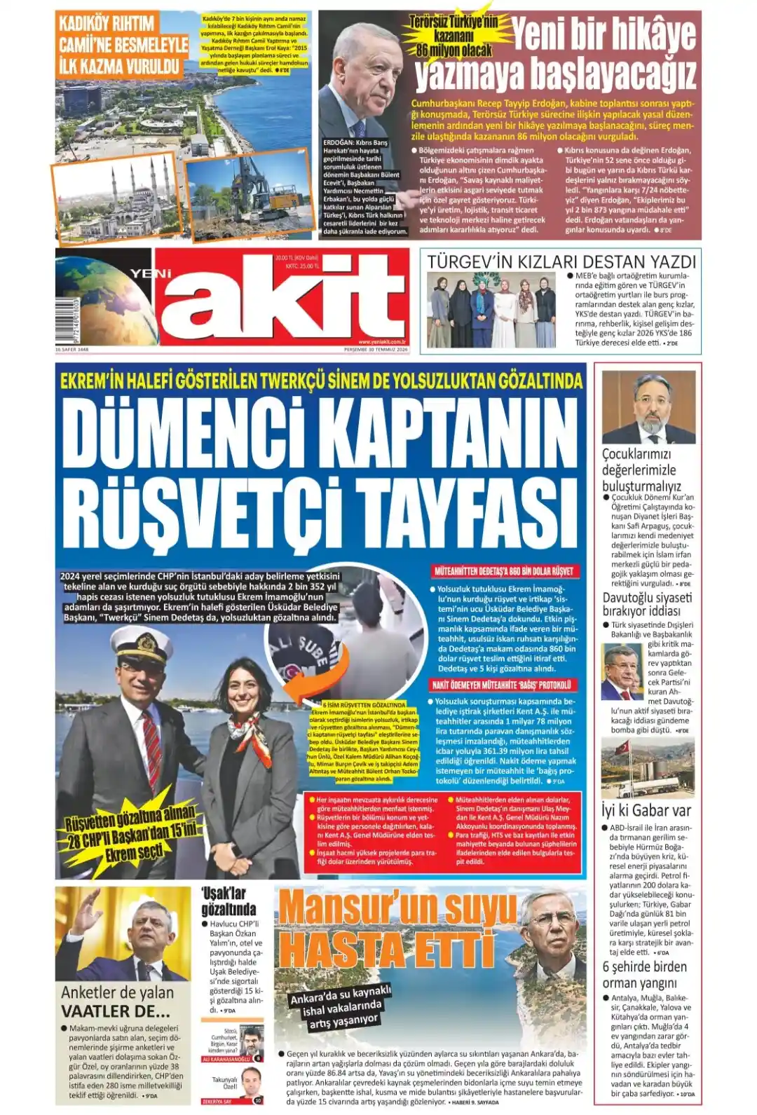 Yeni Akit Gazetesi gazetesi 30 Temmuz 2026 manşeti