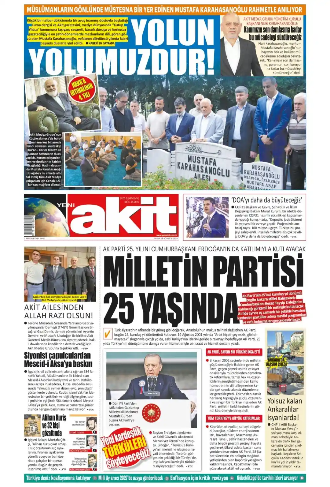Yeni Akit Gazetesi gazetesi 14 Ağustos 2026 manşeti