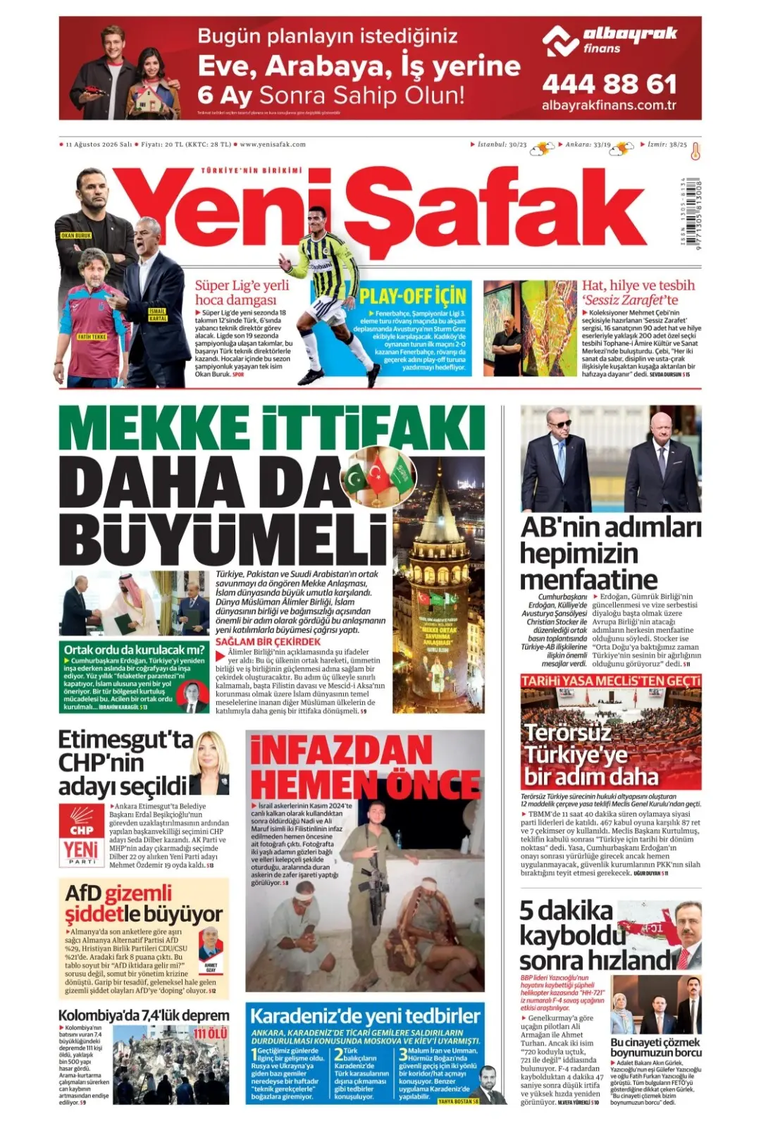 Yeni Şafak Gazetesi gazetesi 11 Ağustos 2026 manşeti