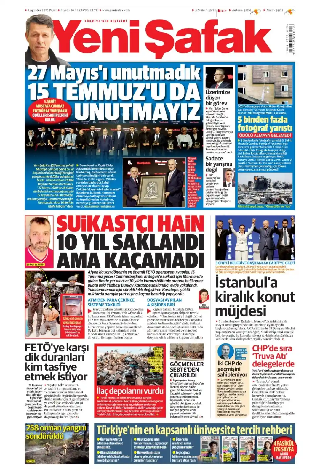 Yeni Şafak Gazetesi gazetesi 02 Ağustos 2026 manşeti