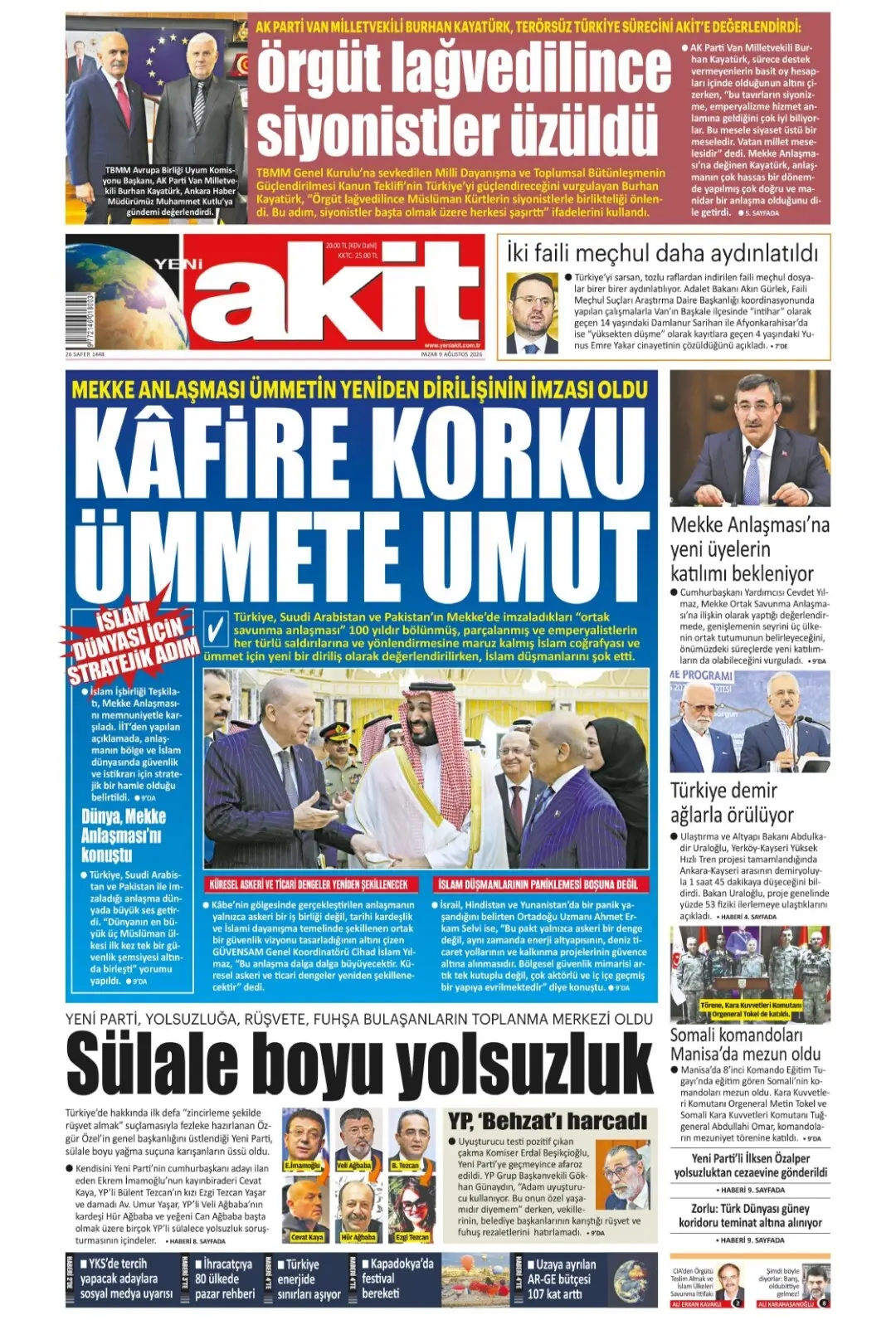 Yeni Akit Gazetesi gazetesi 09 Ağustos 2026 manşeti