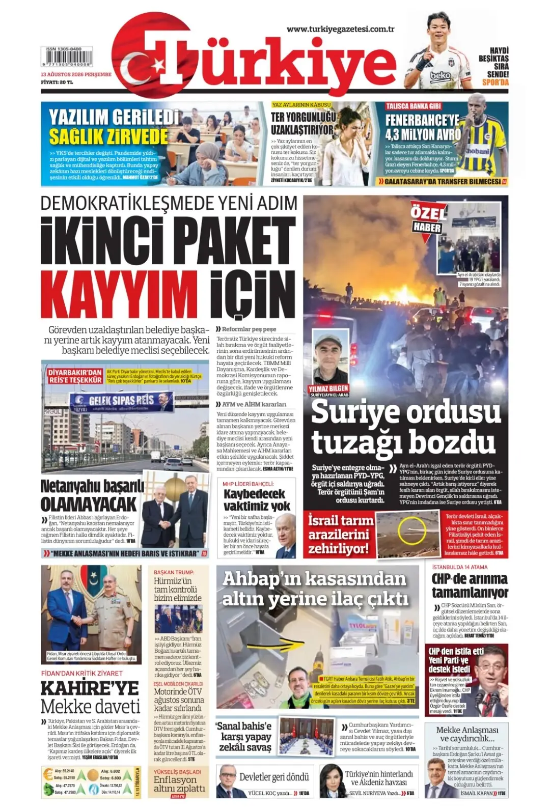 Türkiye Gazetesi gazetesi 13 Ağustos 2026 manşeti