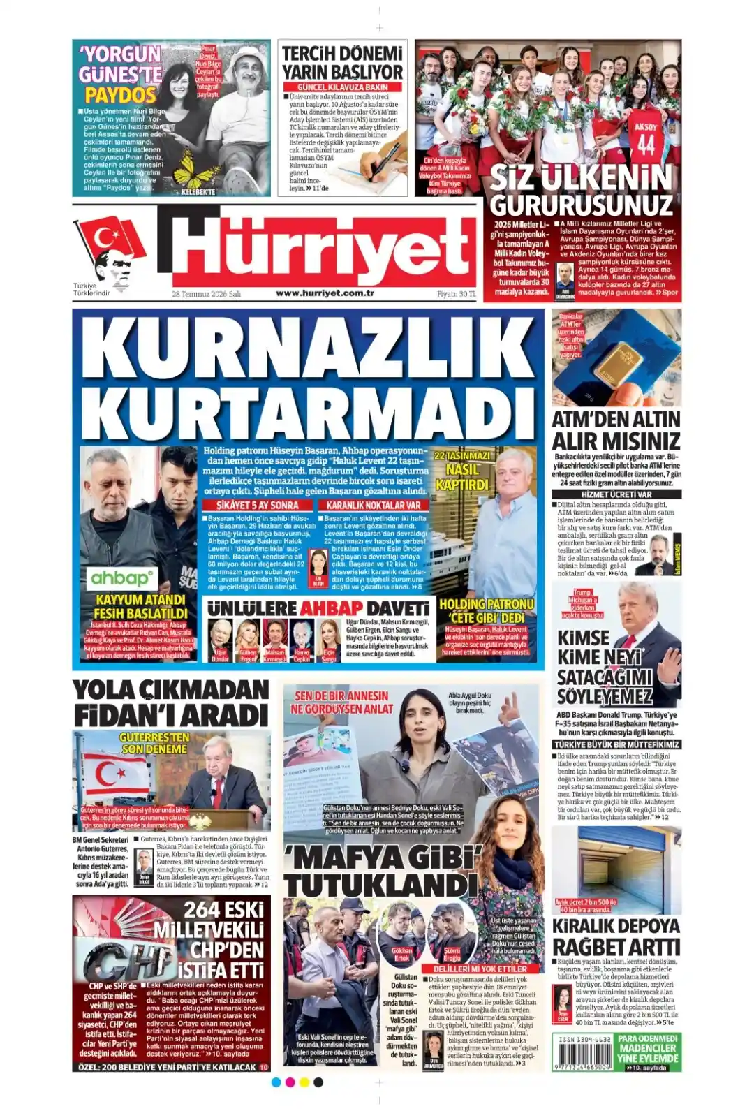 Hürriyet Gazetesi gazetesi 28 Temmuz 2026 manşeti