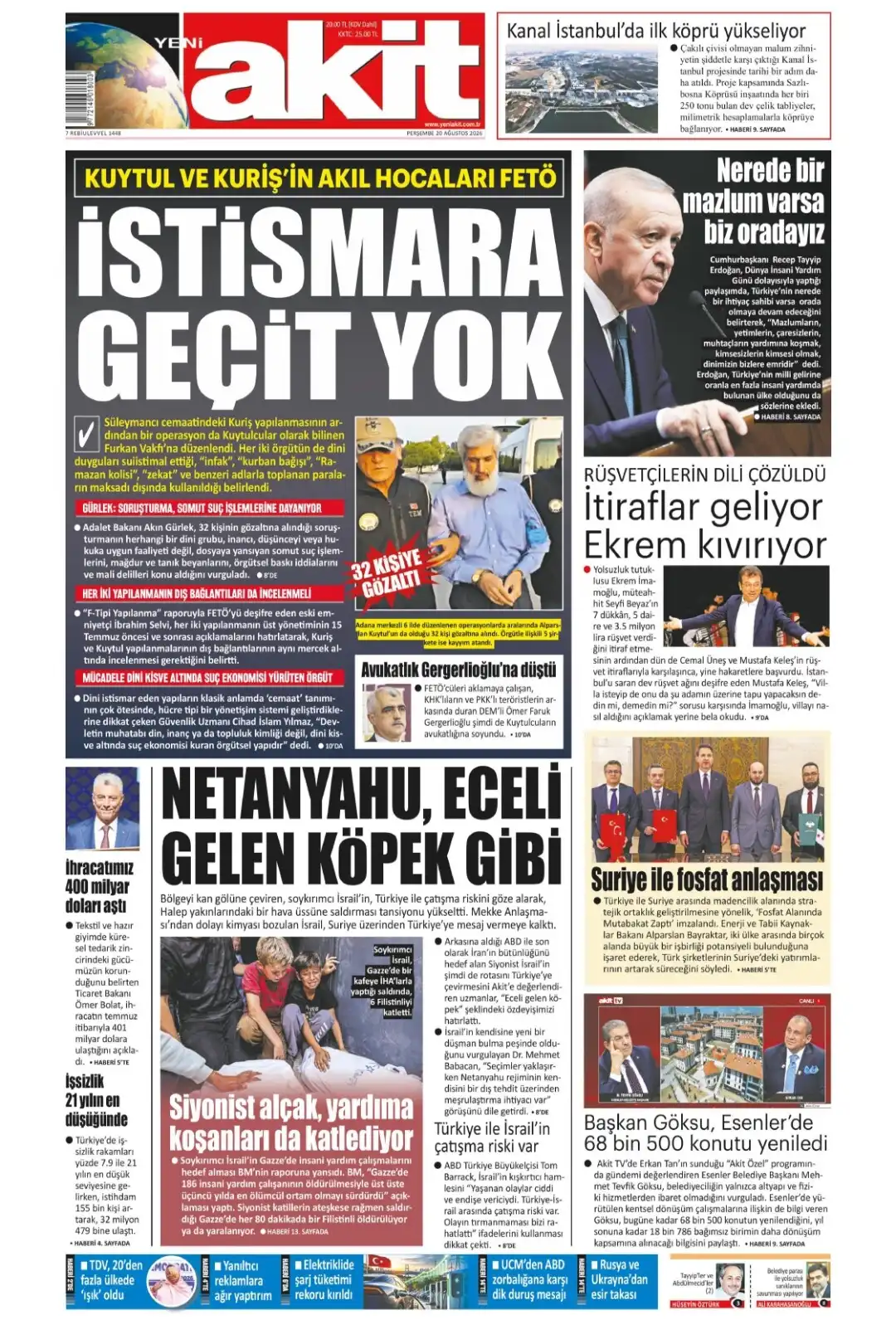 Yeni Akit Gazetesi gazetesi 20 Ağustos 2026 manşeti