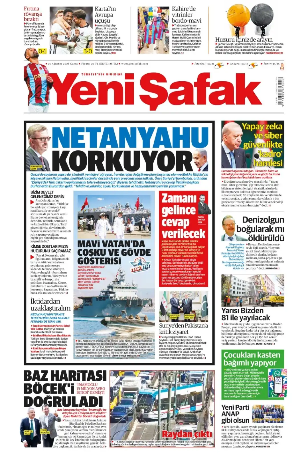 Yeni Şafak Gazetesi gazetesi 21 Ağustos 2026 manşeti