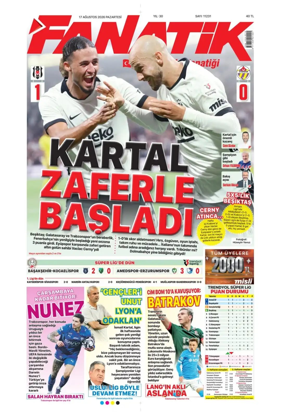 Fanatik Gazetesi gazetesi 17 Ağustos 2026 manşeti