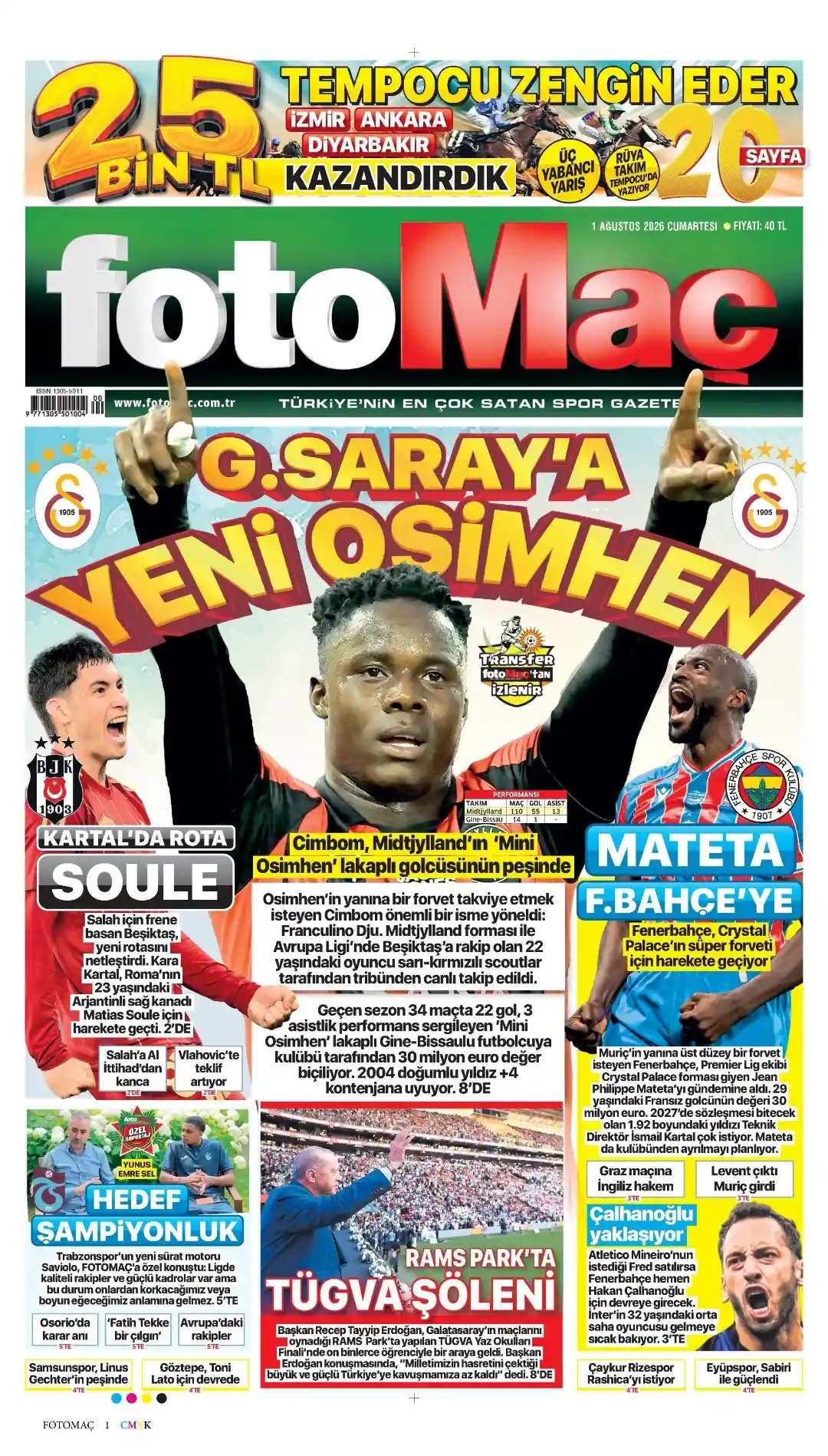 Fotomaç Gazetesi gazetesi 01 Ağustos 2026 manşeti