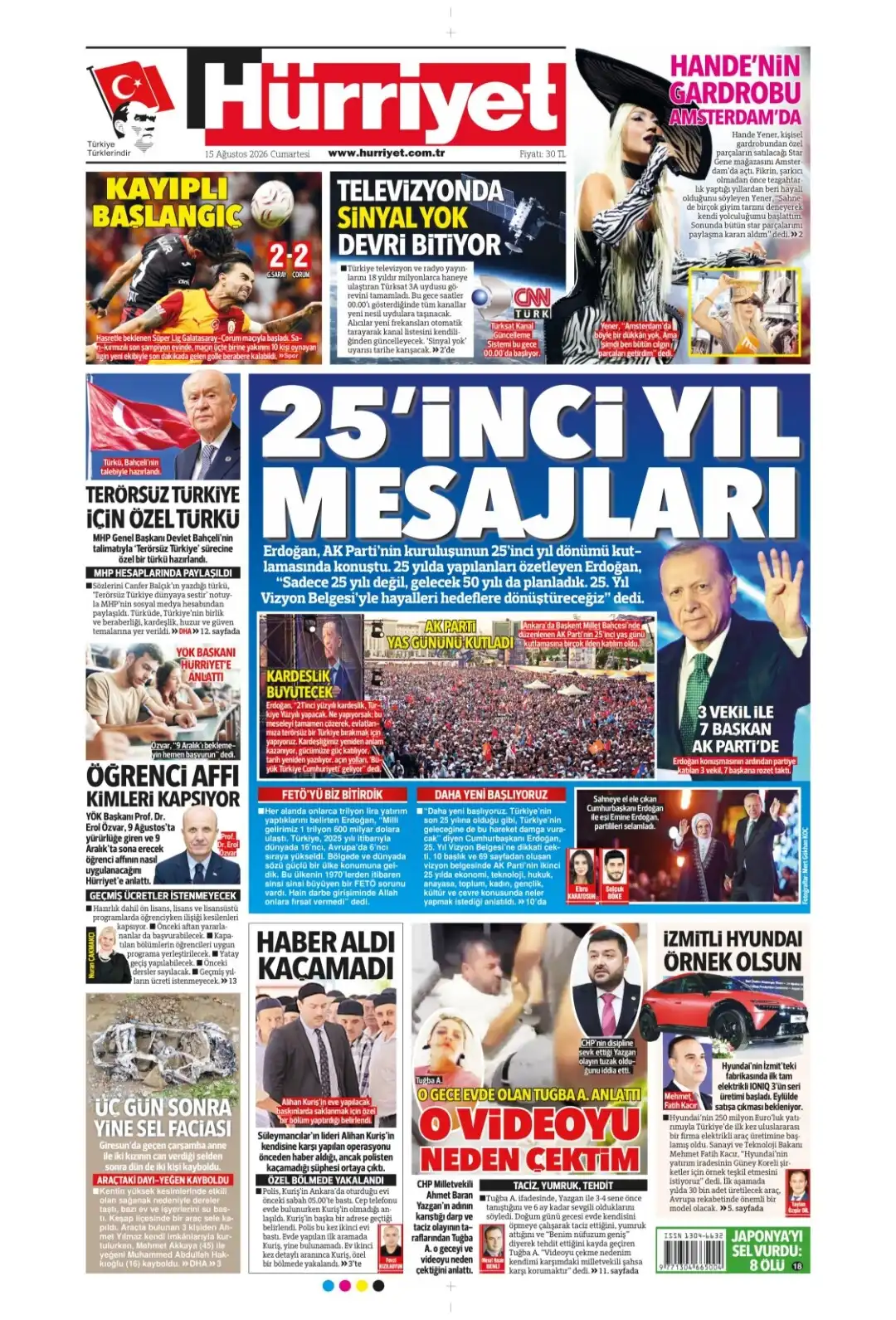 Hürriyet Gazetesi gazetesi 15 Ağustos 2026 manşeti