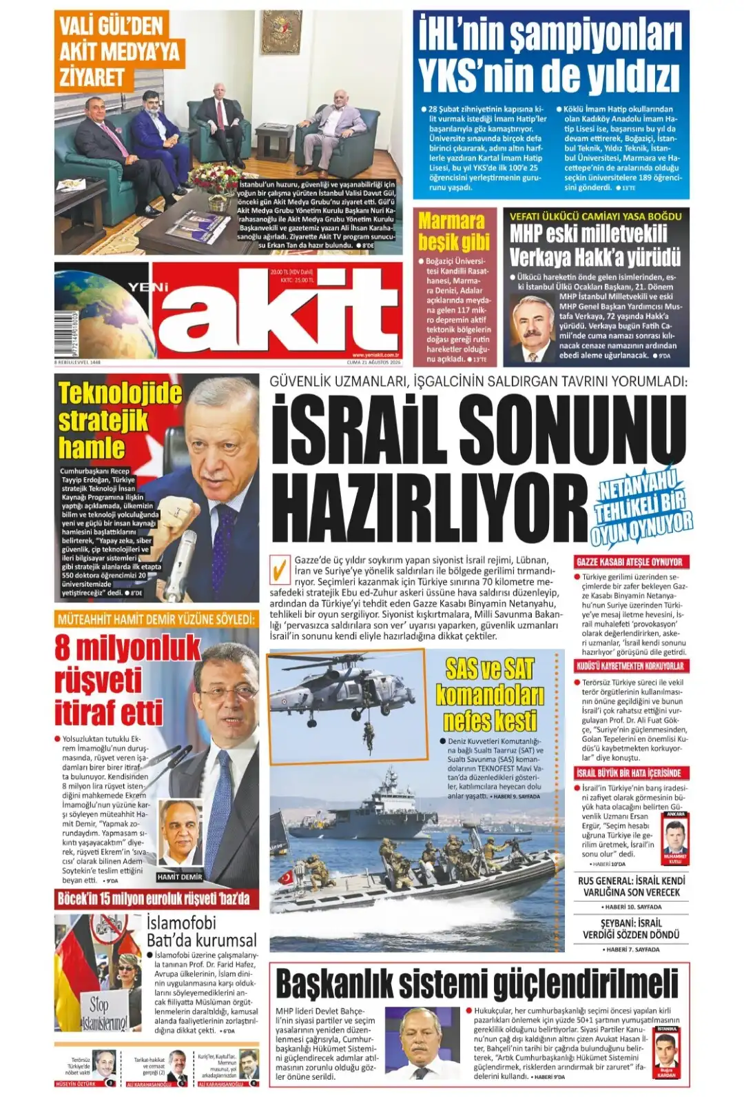 Yeni Akit Gazetesi gazetesi 21 Ağustos 2026 manşeti
