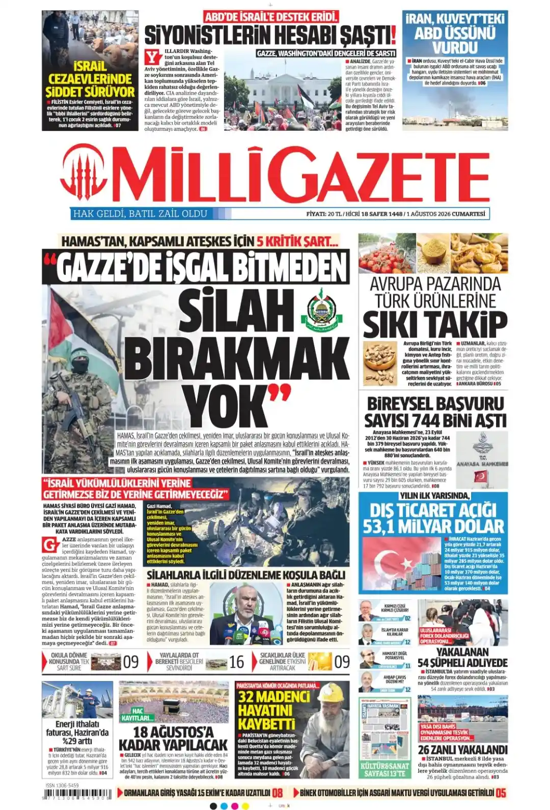 Milli Gazete gazetesi 01 Ağustos 2026 manşeti