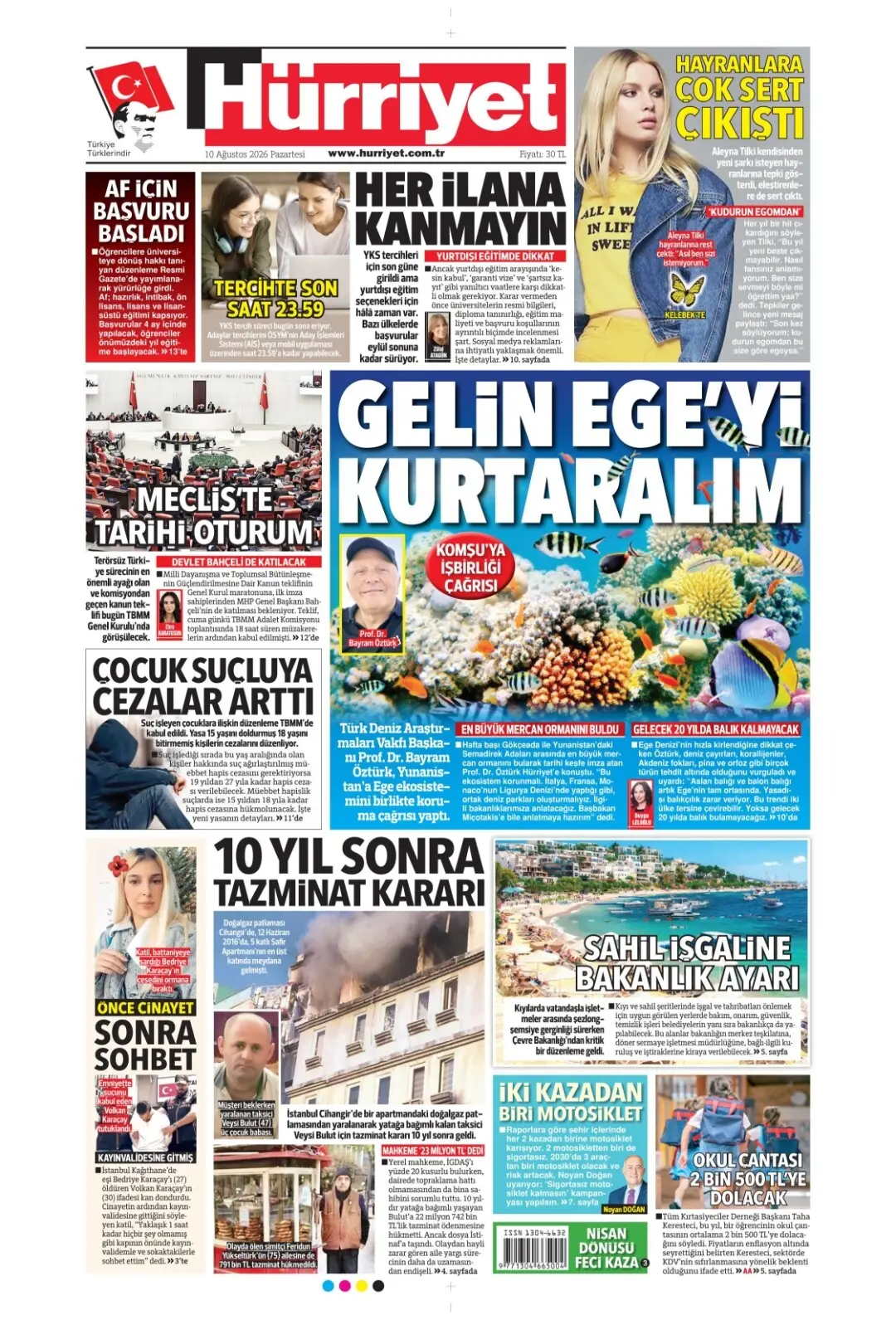 Hürriyet Gazetesi gazetesi 10 Ağustos 2026 manşeti