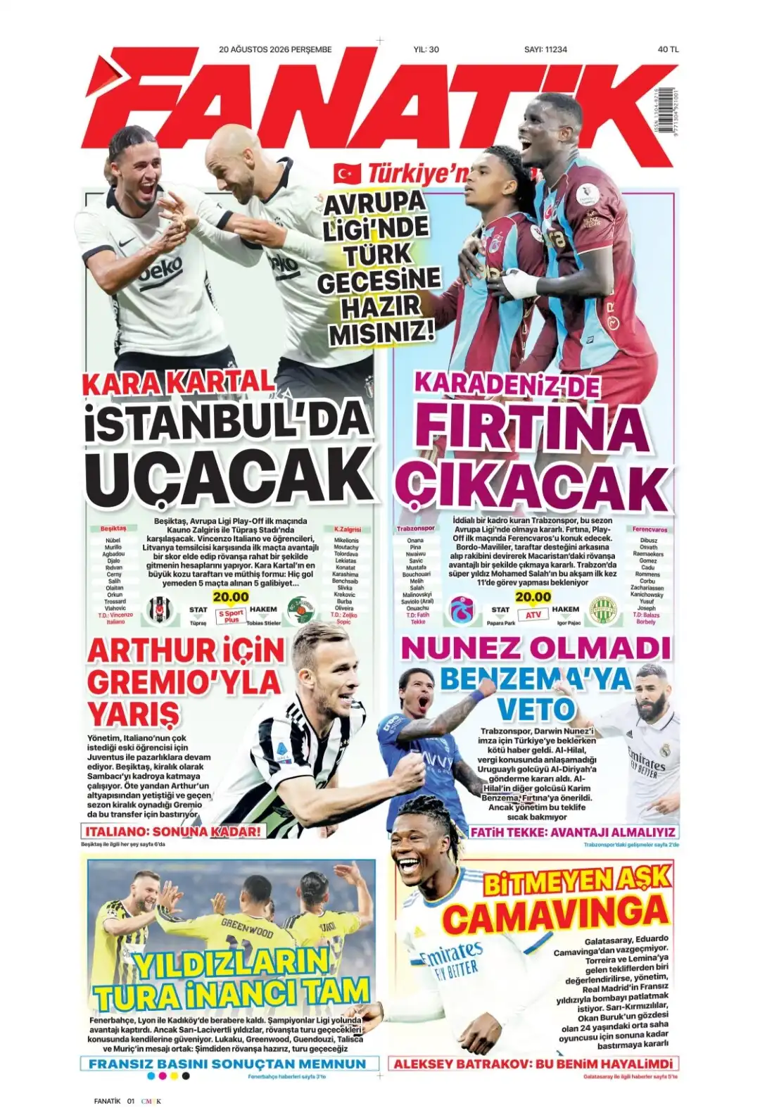 Fanatik Gazetesi gazetesi 20 Ağustos 2026 manşeti