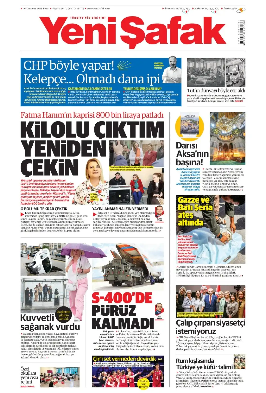 Yeni Şafak Gazetesi gazetesi 26 Temmuz 2026 manşeti