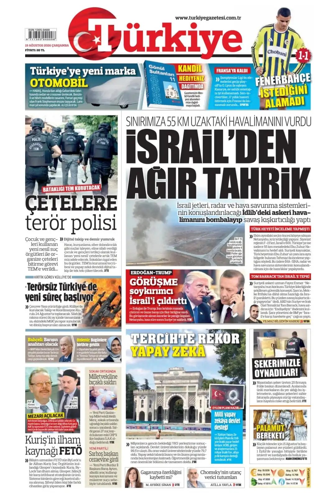 Türkiye Gazetesi gazetesi 19 Ağustos 2026 manşeti
