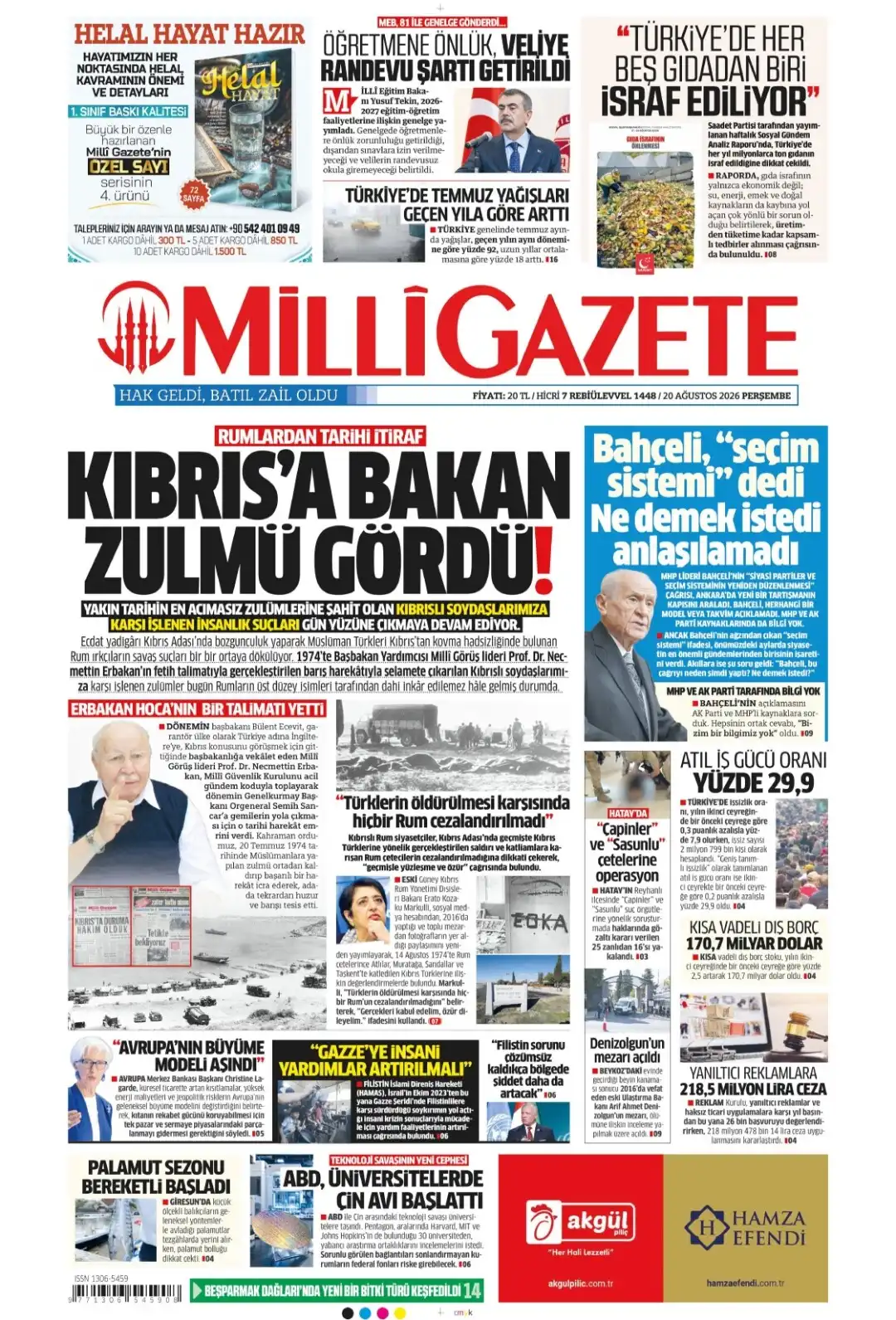 Milli Gazete gazetesi 20 Ağustos 2026 manşeti