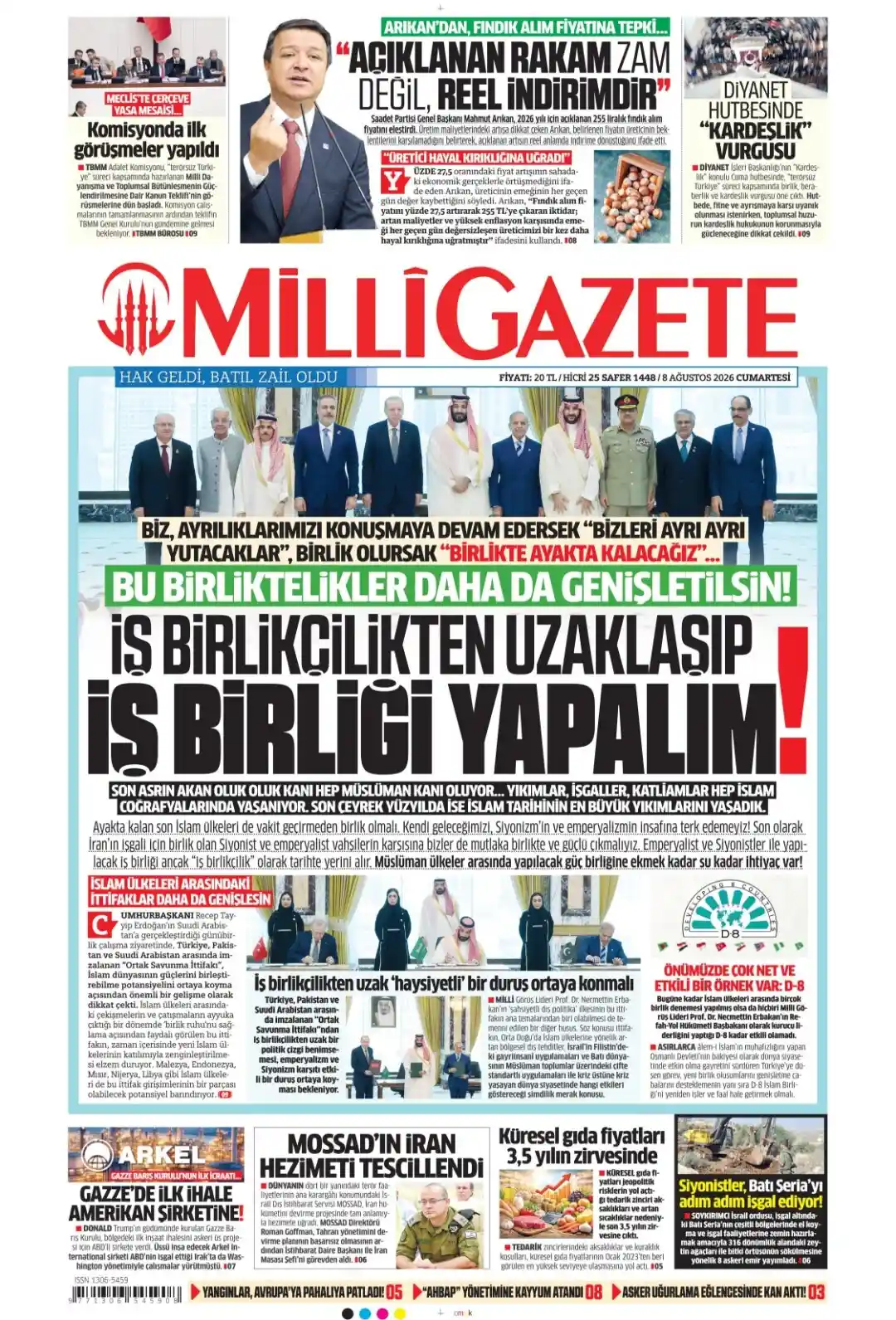 Milli Gazete gazetesi 08 Ağustos 2026 manşeti