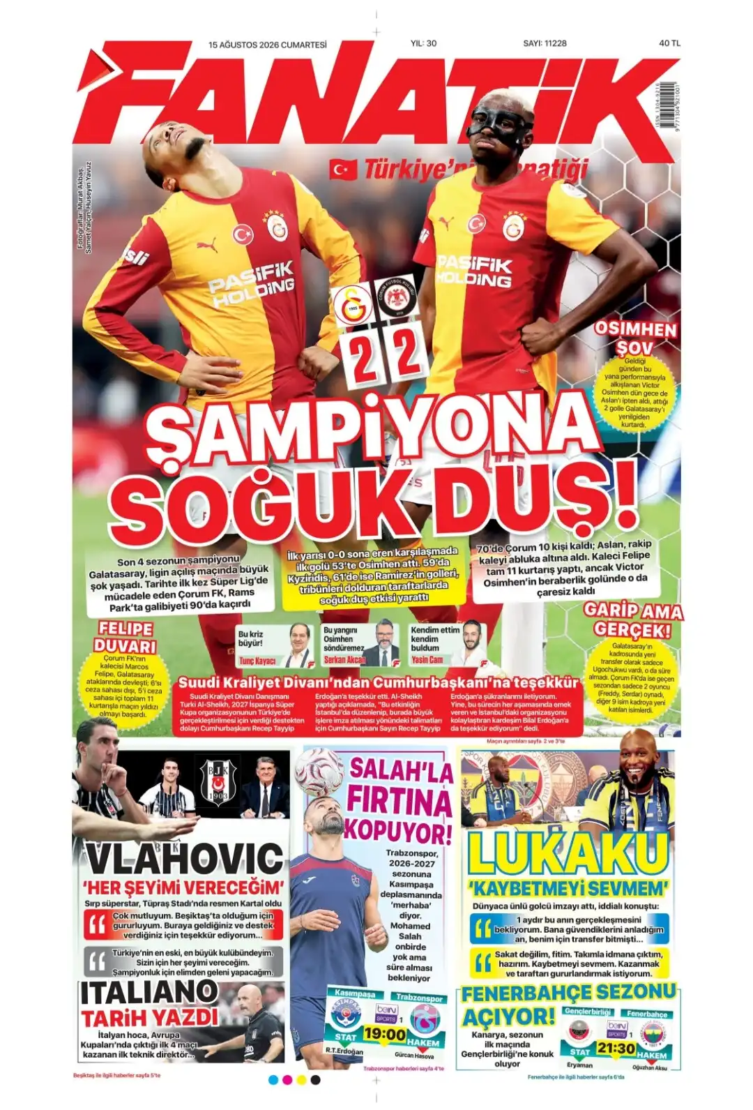 Fanatik Gazetesi gazetesi 15 Ağustos 2026 manşeti