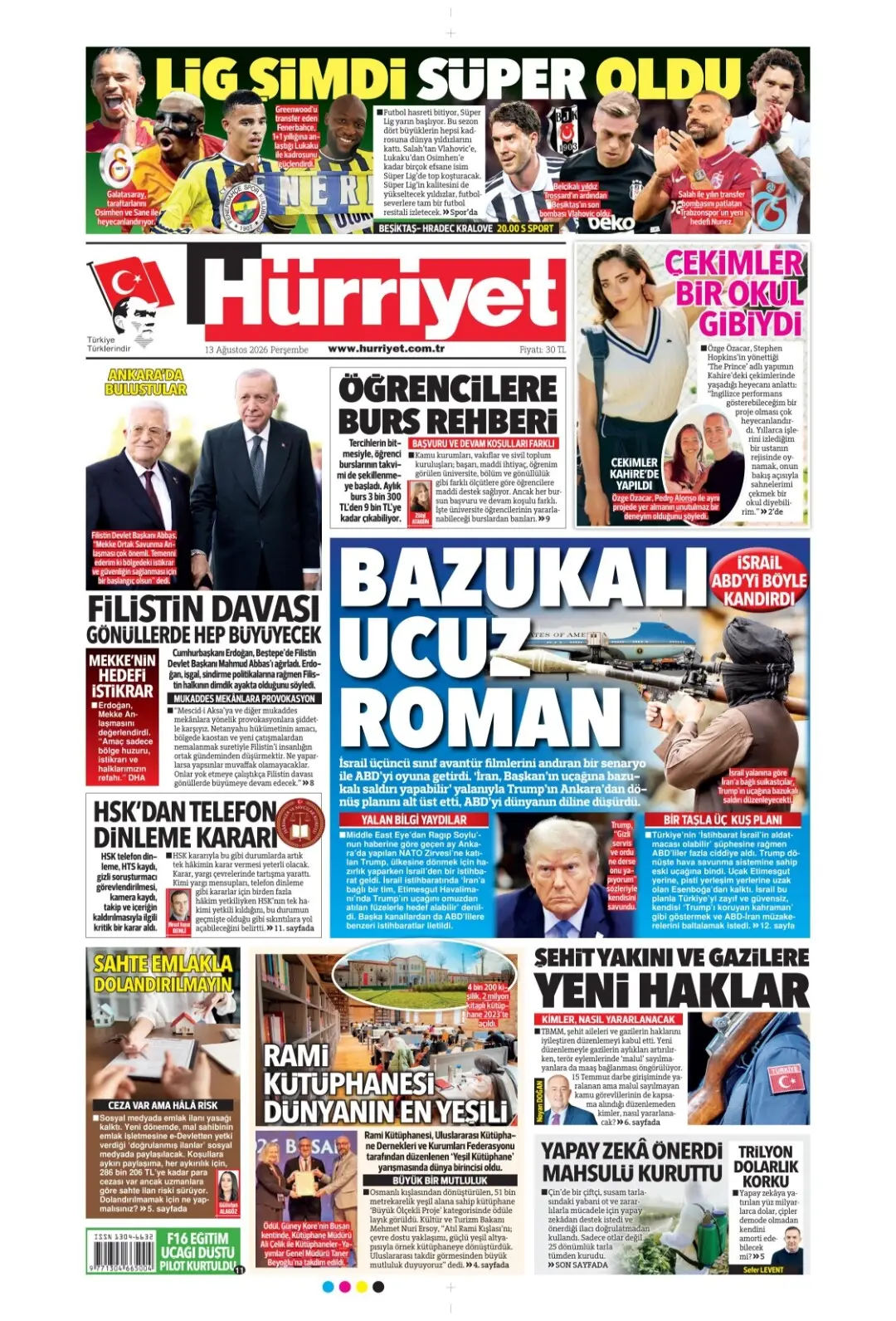 Hürriyet Gazetesi gazetesi 13 Ağustos 2026 manşeti