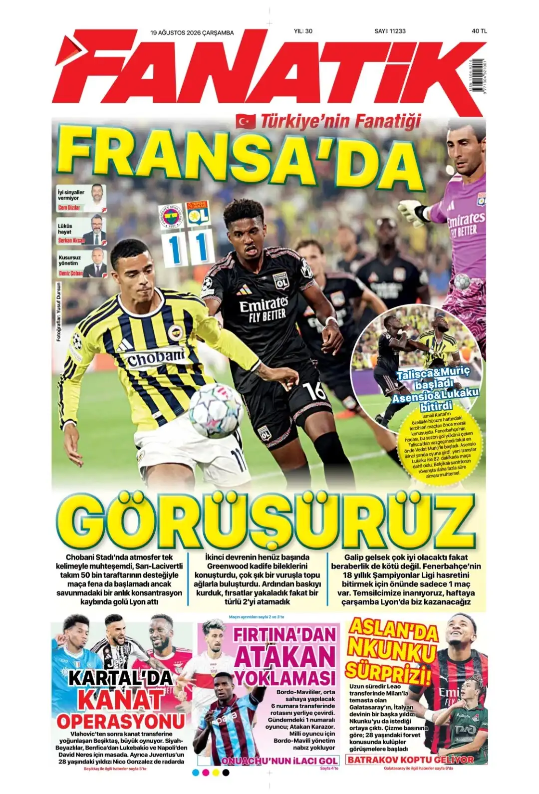 Fanatik Gazetesi gazetesi 19 Ağustos 2026 manşeti