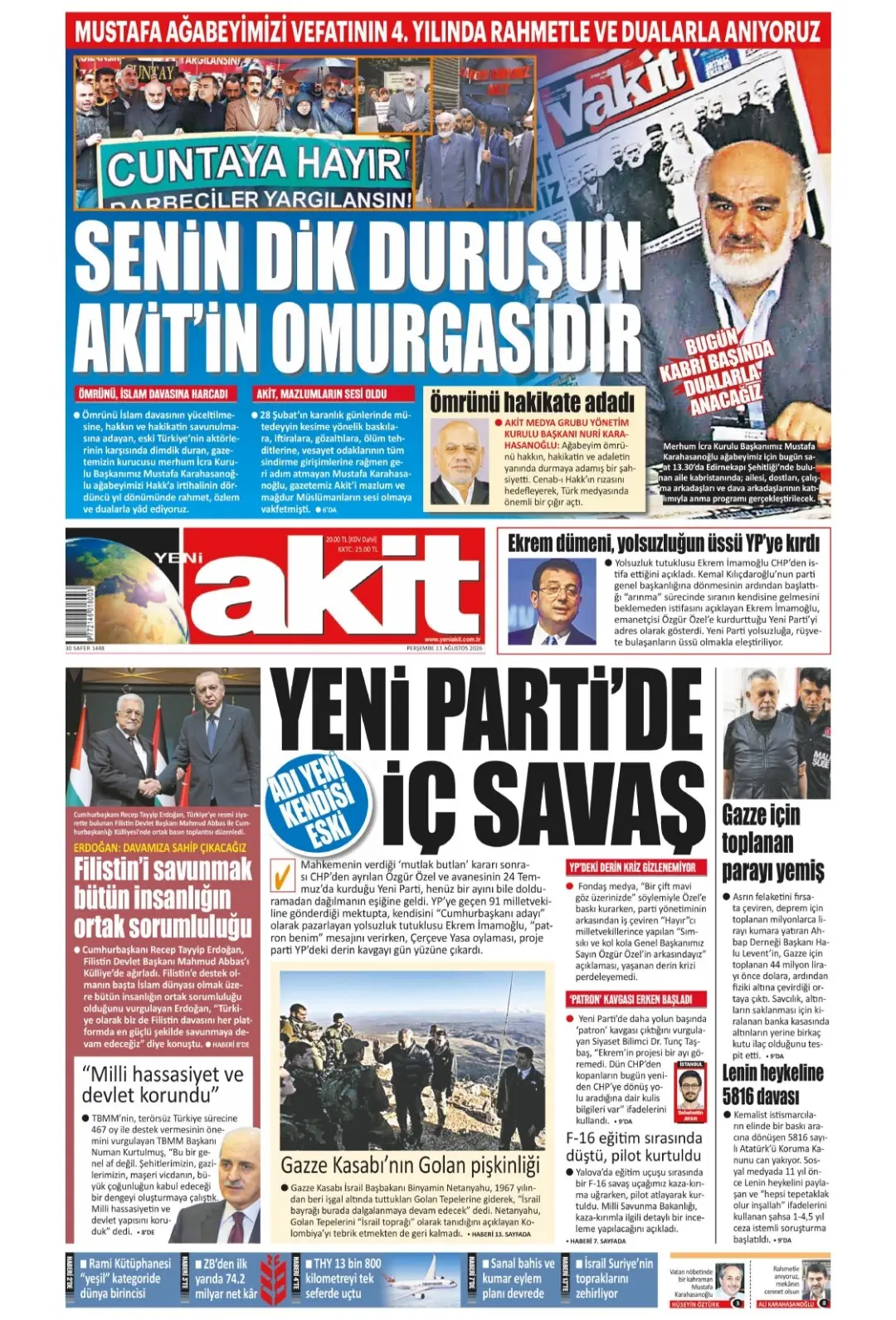 Yeni Akit Gazetesi gazetesi 13 Ağustos 2026 manşeti