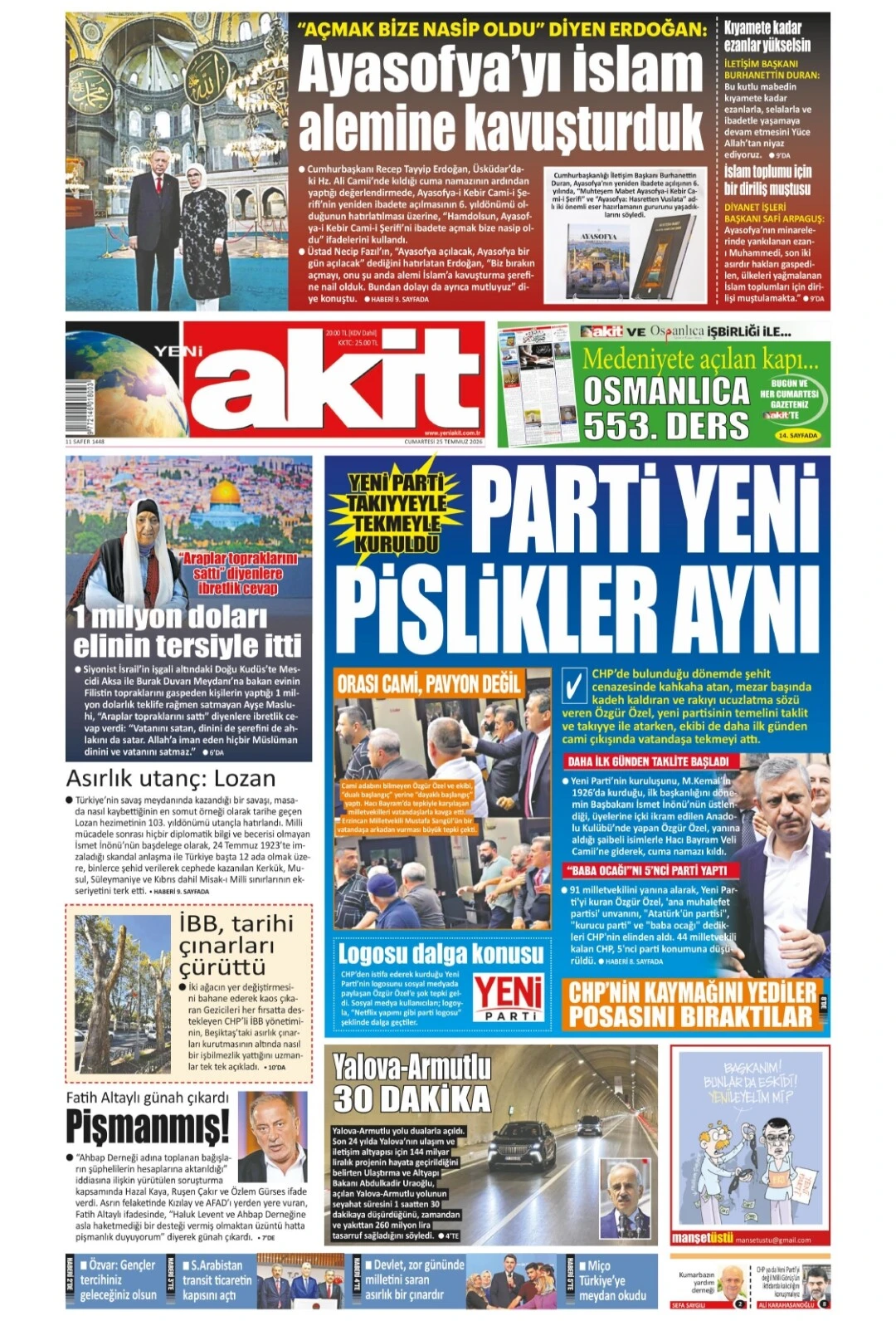 Yeni Akit Gazetesi gazetesi 25 Temmuz 2026 manşeti