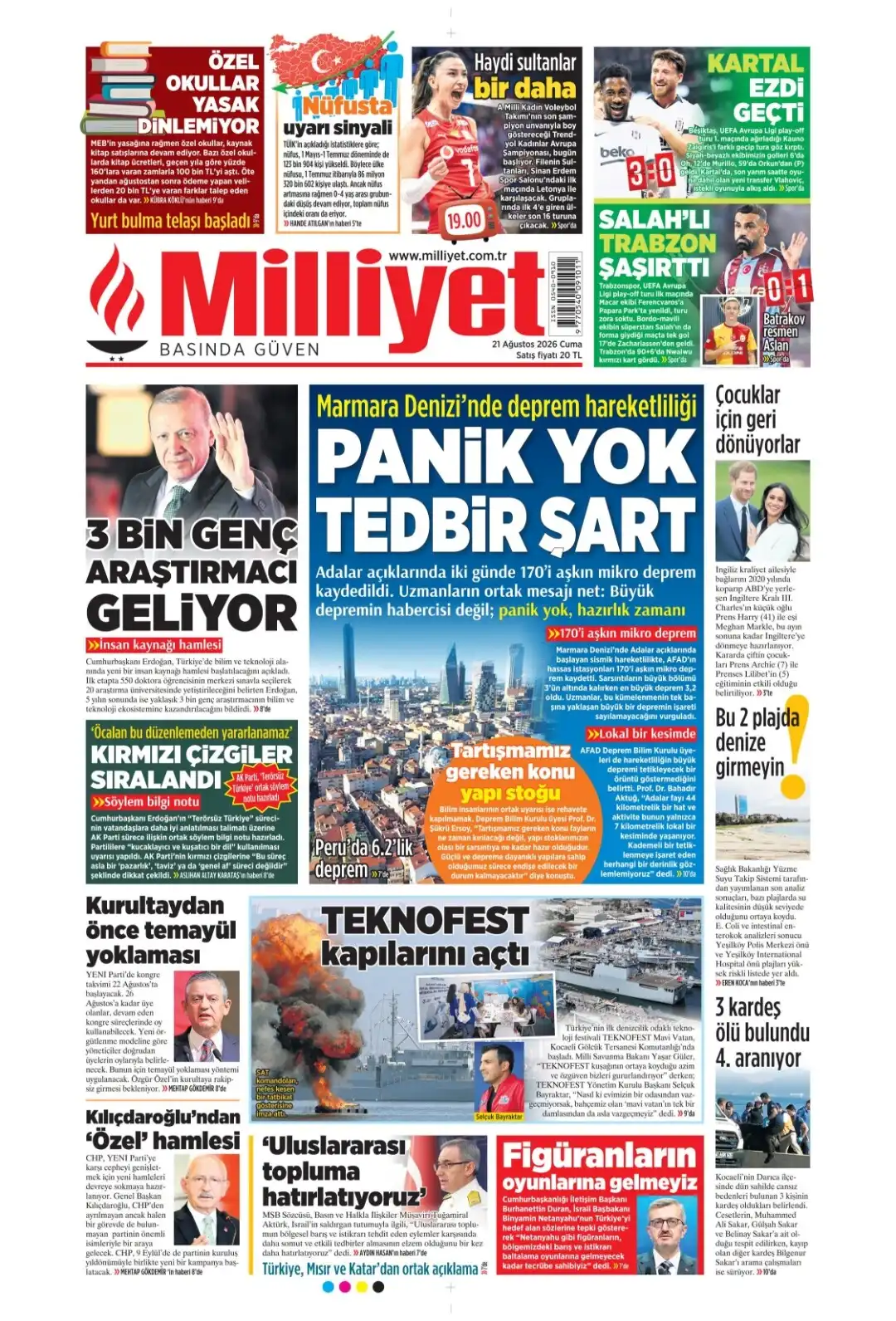 Milliyet Gazetesi gazetesi 21 Ağustos 2026 manşeti