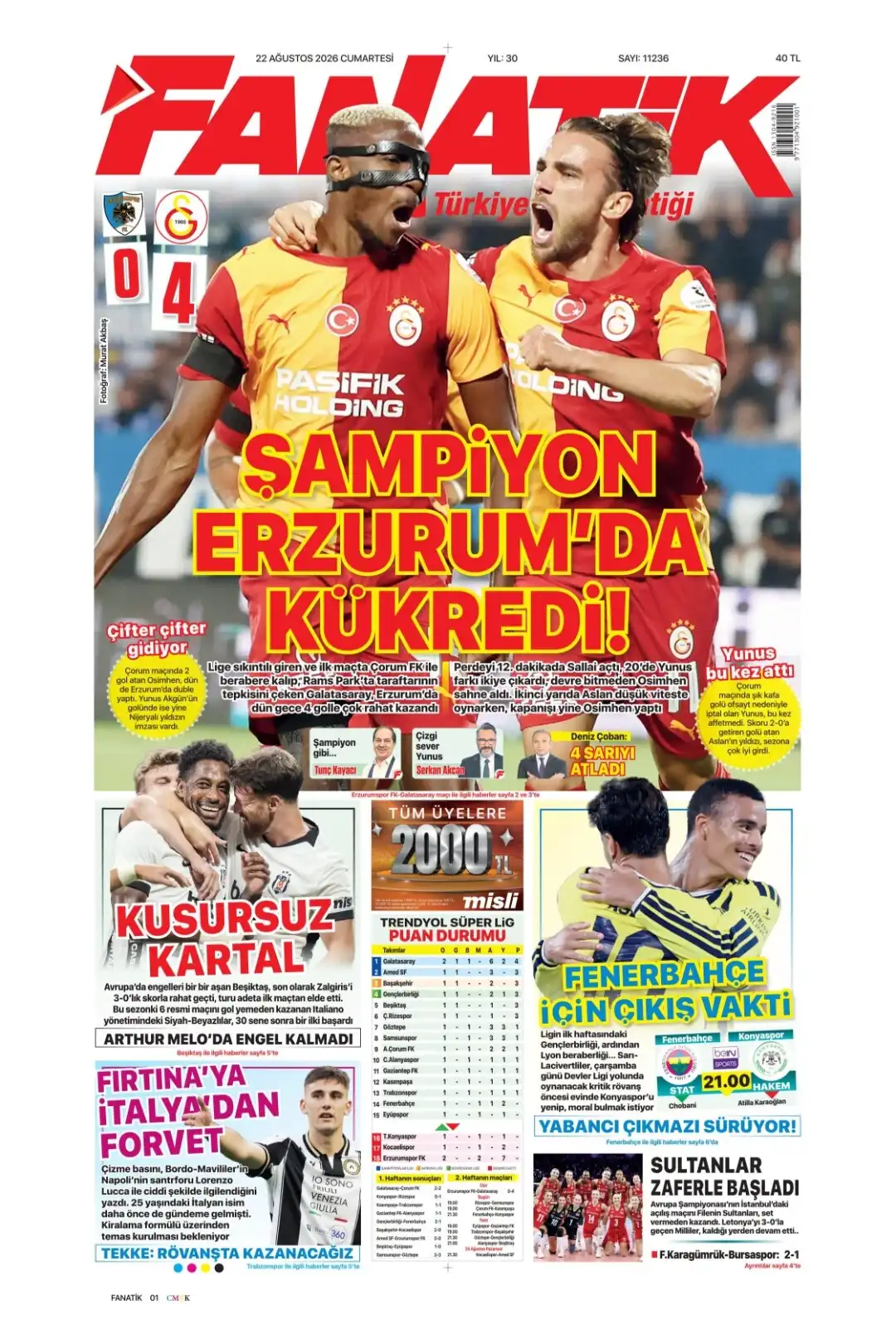 Fanatik Gazetesi gazetesi 22 Ağustos 2026 manşeti