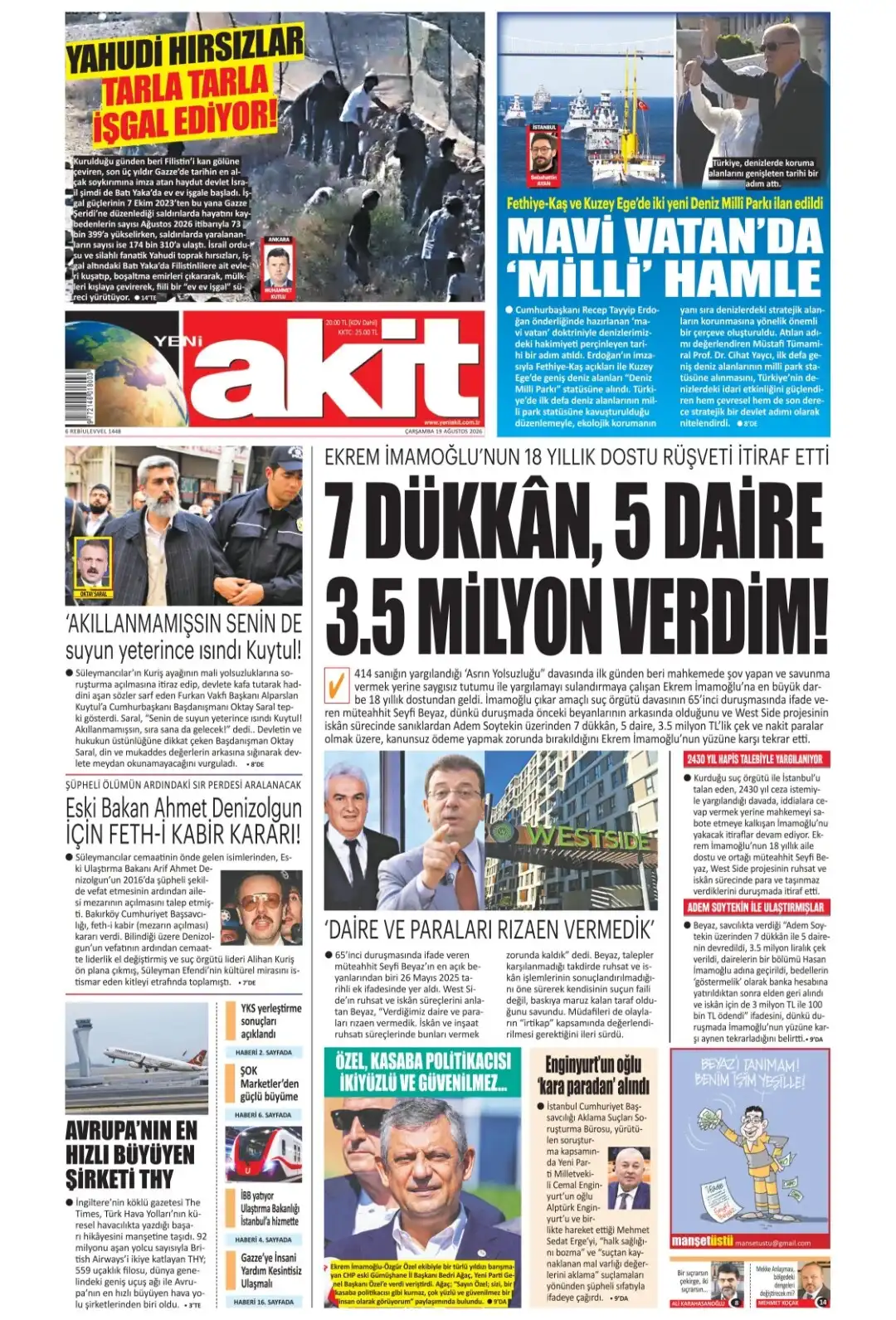 Yeni Akit Gazetesi gazetesi 19 Ağustos 2026 manşeti