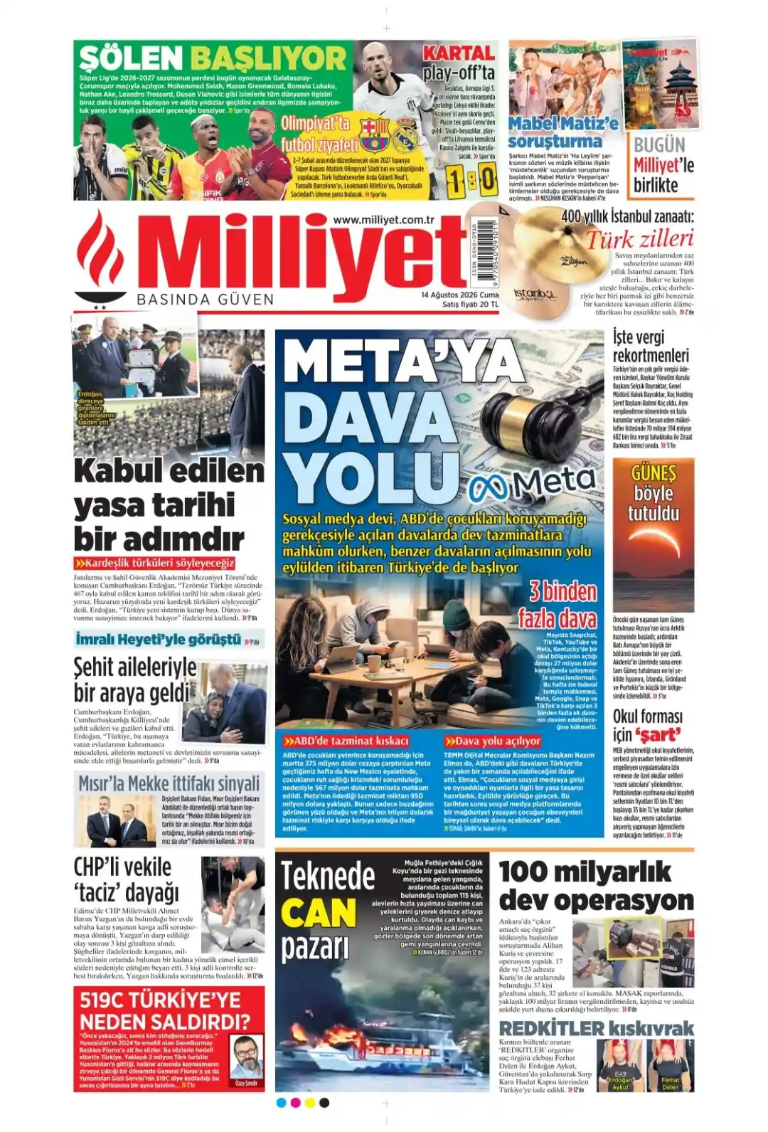 Milliyet Gazetesi gazetesi 14 Ağustos 2026 manşeti