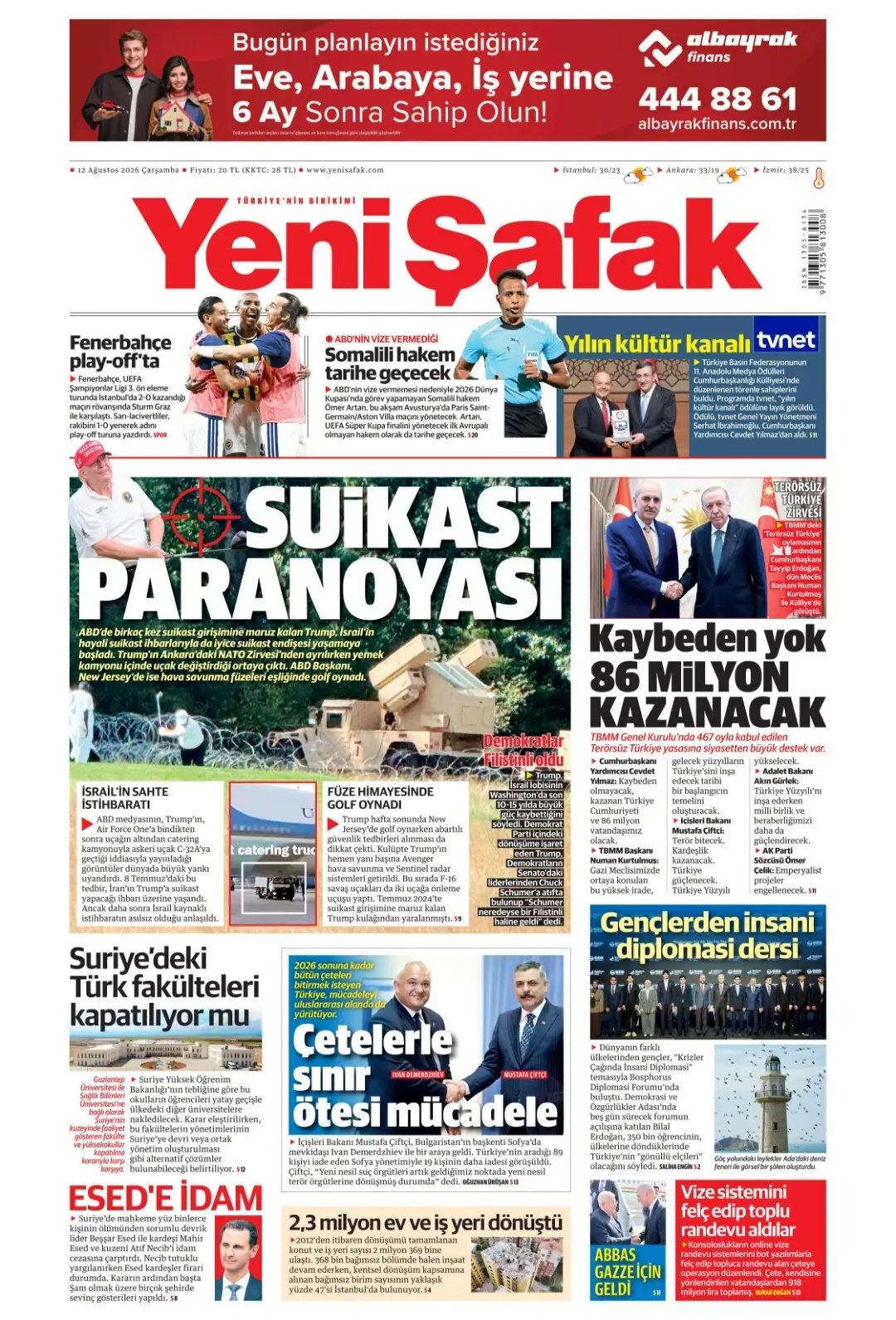 Yeni Şafak Gazetesi gazetesi 12 Ağustos 2026 manşeti