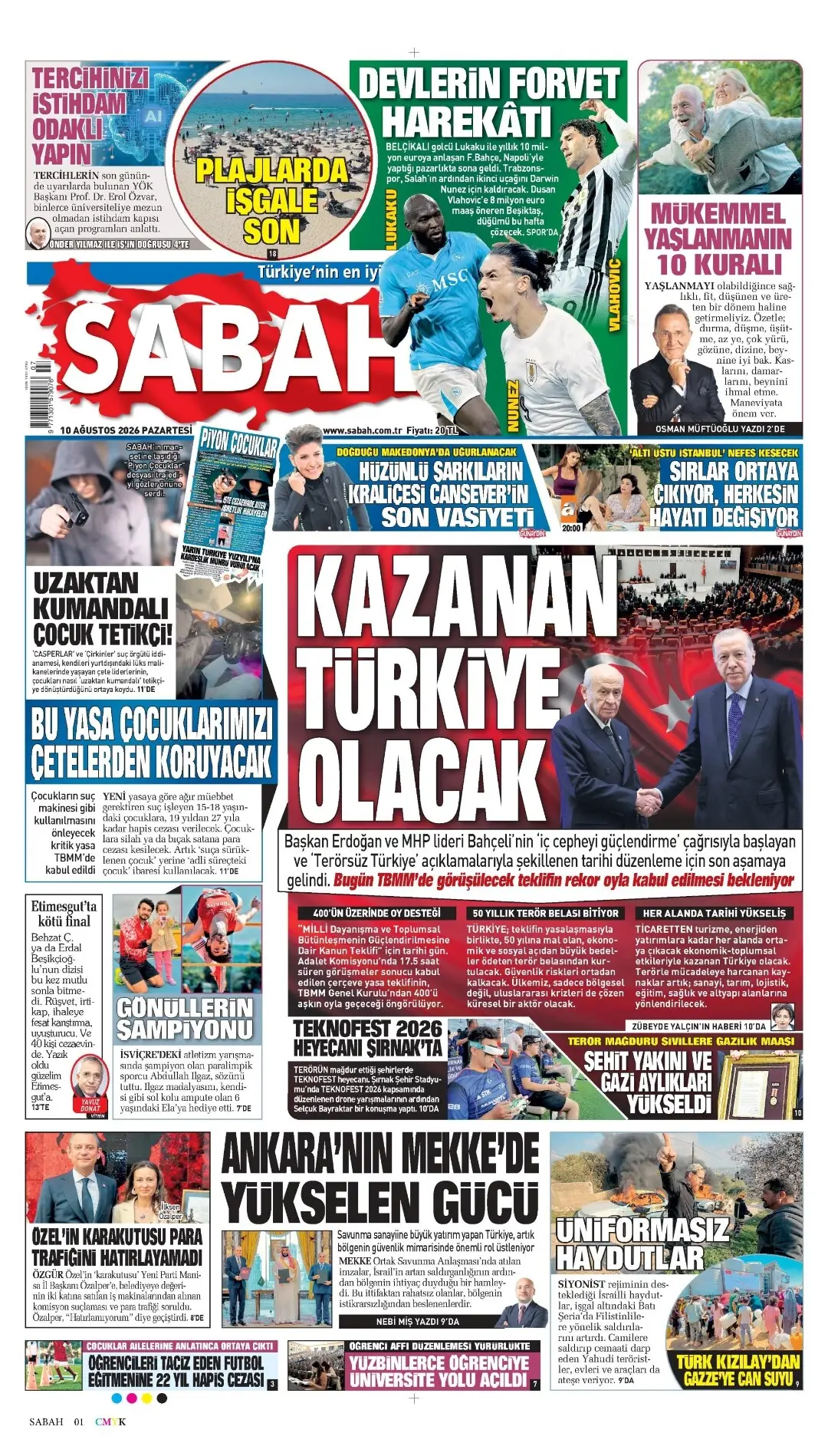Sabah Gazetesi gazetesi 10 Ağustos 2026 manşeti