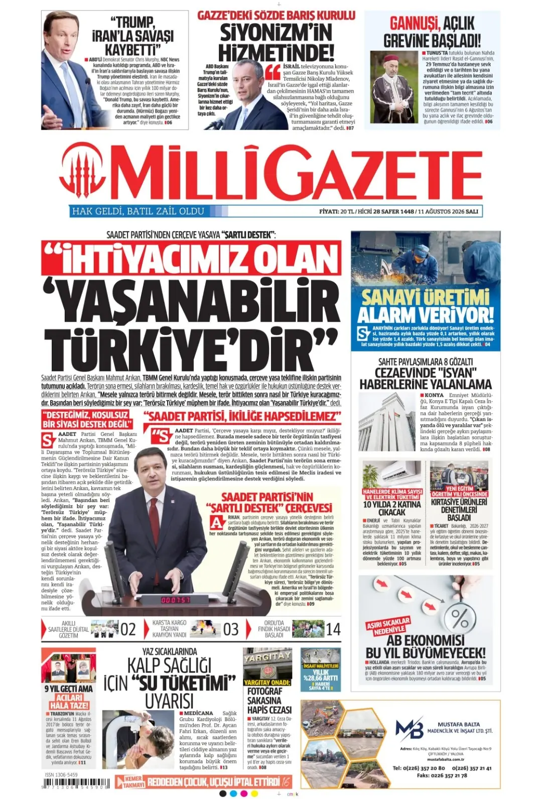 Milli Gazete gazetesi 11 Ağustos 2026 manşeti