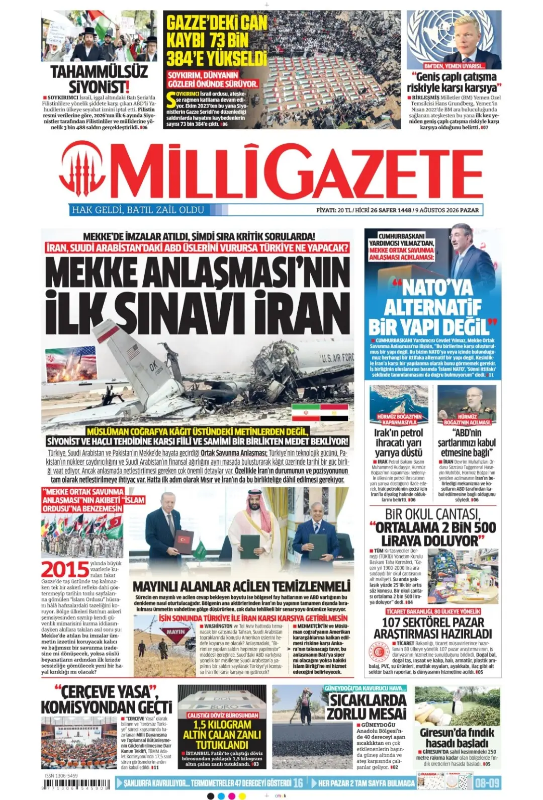 Milli Gazete gazetesi 09 Ağustos 2026 manşeti