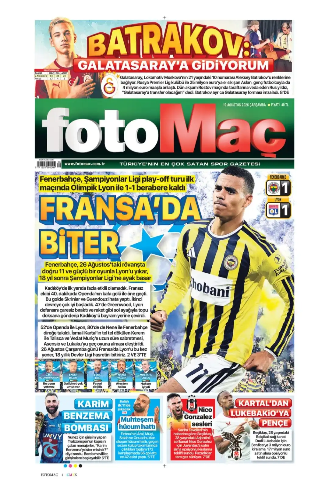 Fotomaç Gazetesi gazetesi 19 Ağustos 2026 manşeti