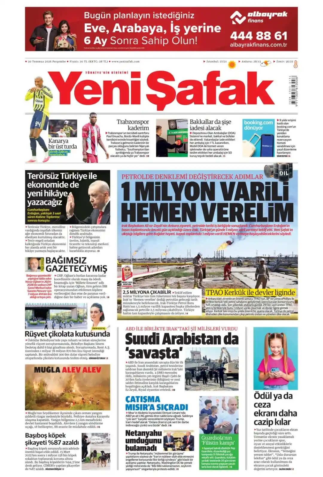 Yeni Şafak Gazetesi gazetesi 30 Temmuz 2026 manşeti