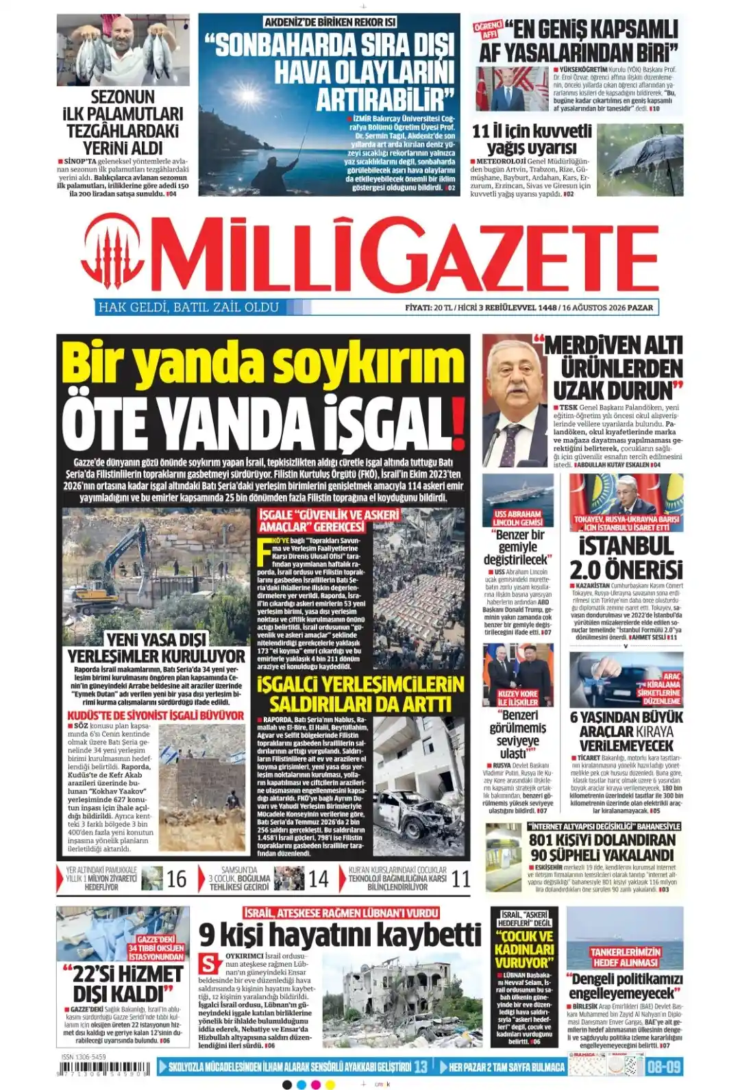 Milli Gazete gazetesi 16 Ağustos 2026 manşeti