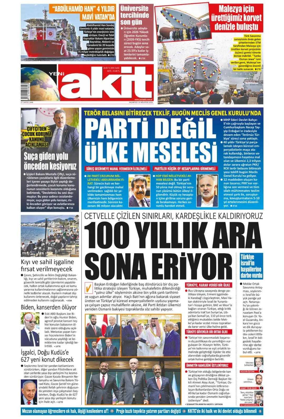 Yeni Akit Gazetesi gazetesi 10 Ağustos 2026 manşeti