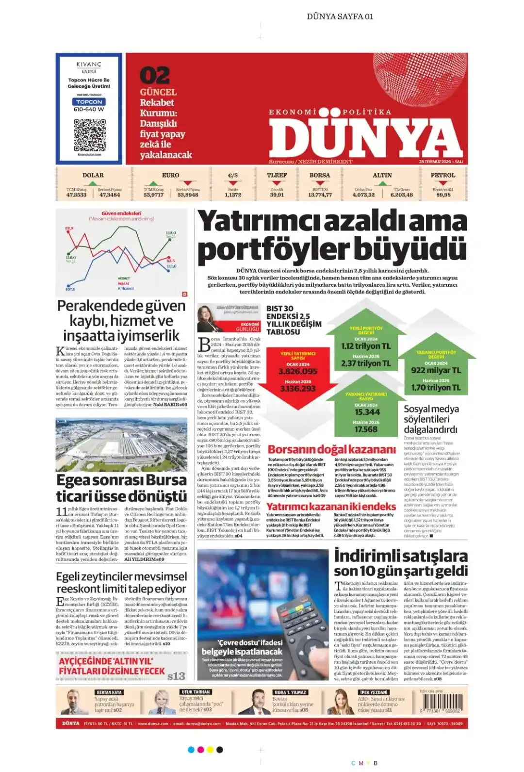 Dünya Gazetesi gazetesi 28 Temmuz 2026 manşeti
