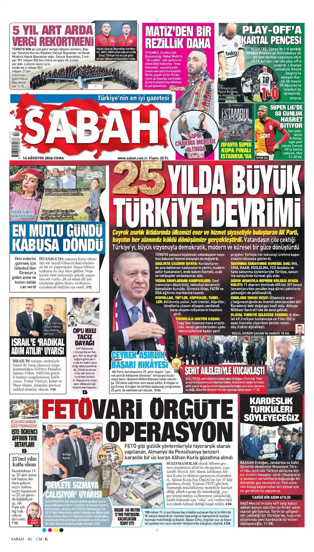 Sabah Gazetesi gazetesi 14 Ağustos 2026 manşeti